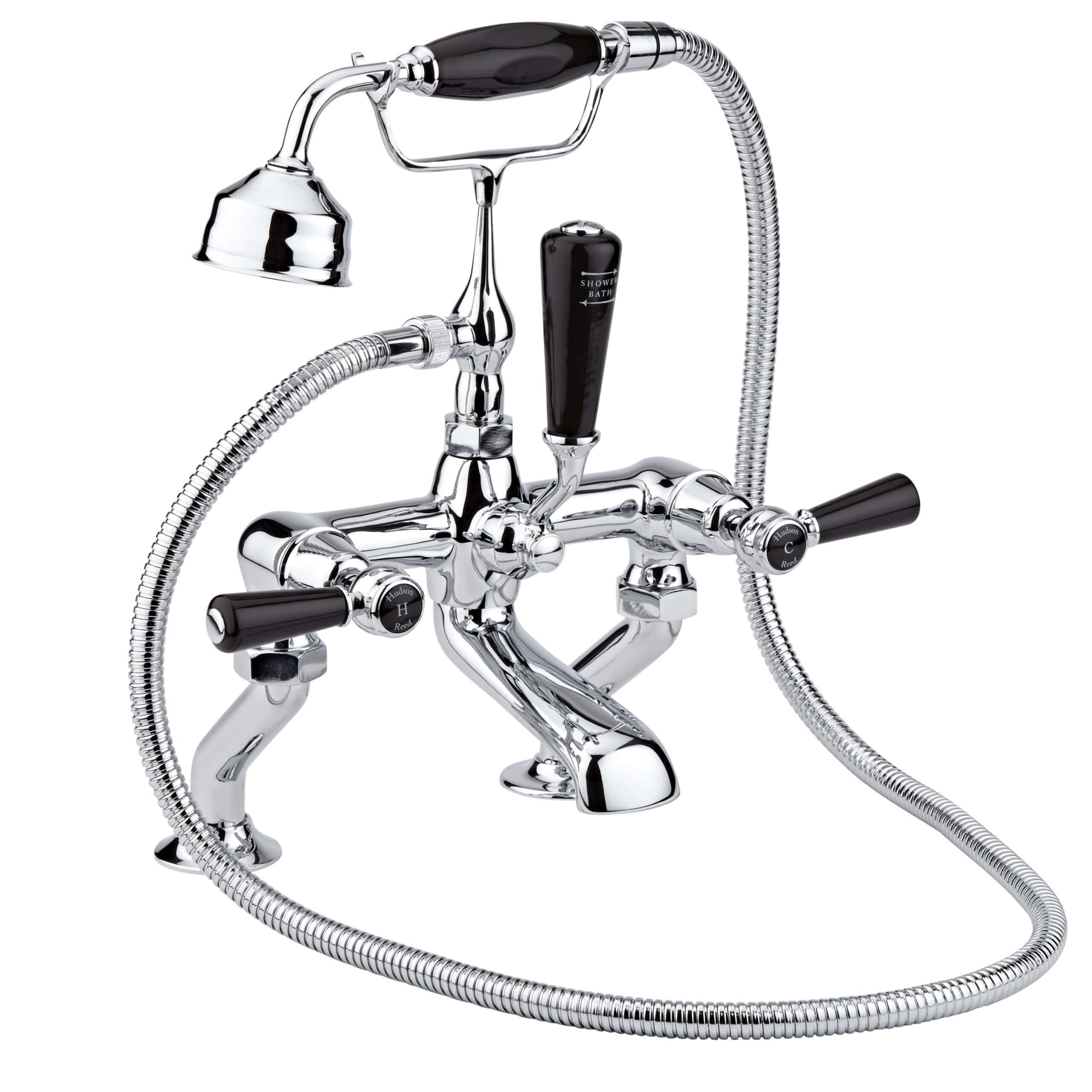 Vintage Victorian style bathroom mixer tap with handheld shower head and flexible hose. Perfect for classic bath and shower bathroom designs.