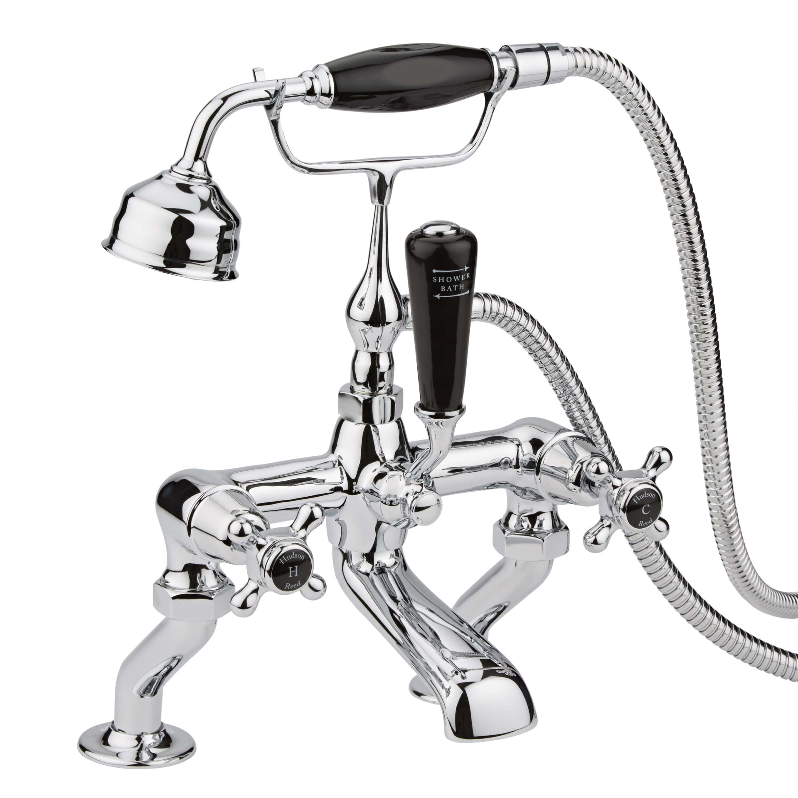 Polished chrome vintage style bathroom bath and shower mixer tap with handheld shower head, suitable for classic bathroom interiors.