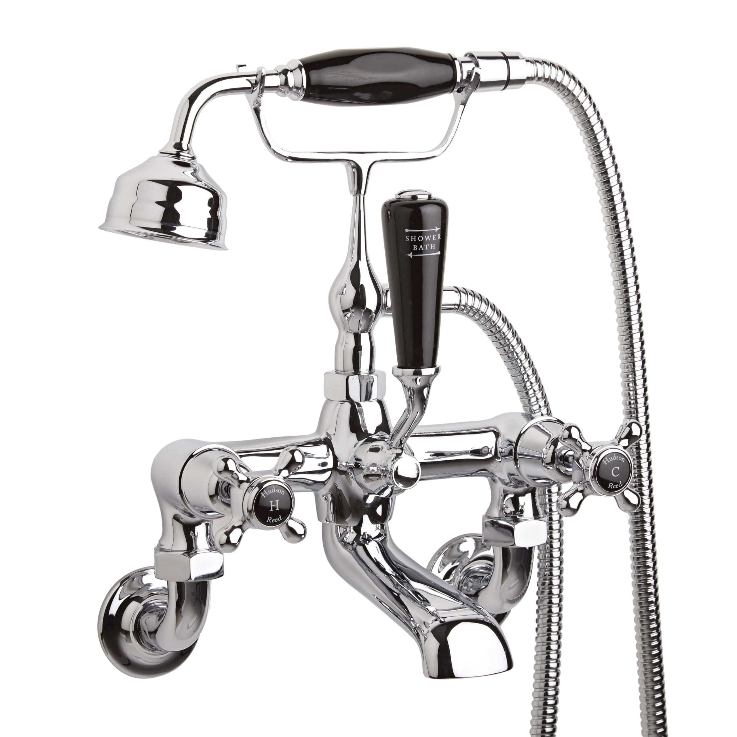Shower bath mixer tap with handheld shower, chrome finish, vintage-style bathroom faucet with dual controls for hot and cold water, ideal for traditional bathroom decor.