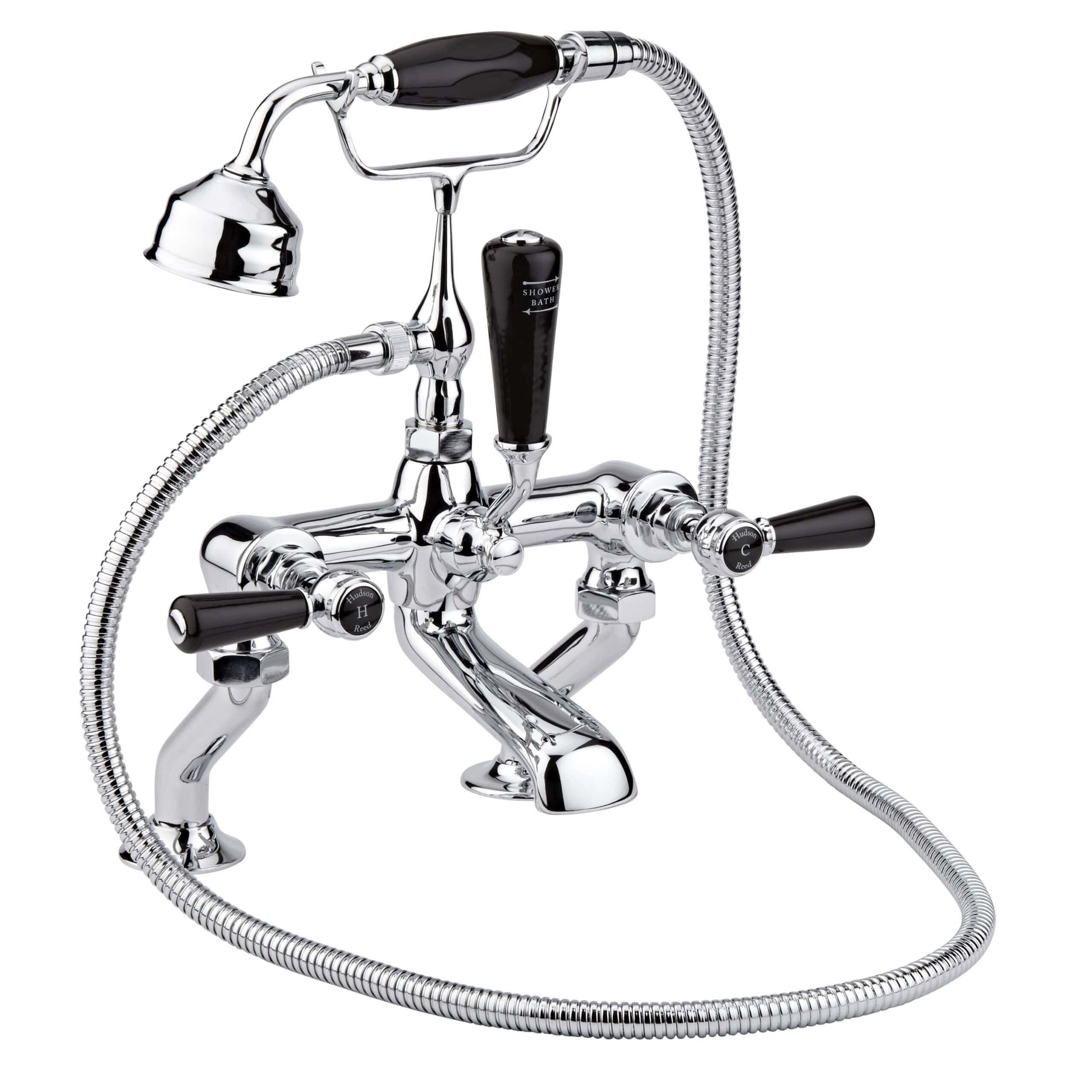 Polished vintage-style bathroom mixer tap with handheld shower head and flexible hose, perfect for traditional baths and maximising bathroom functionality.