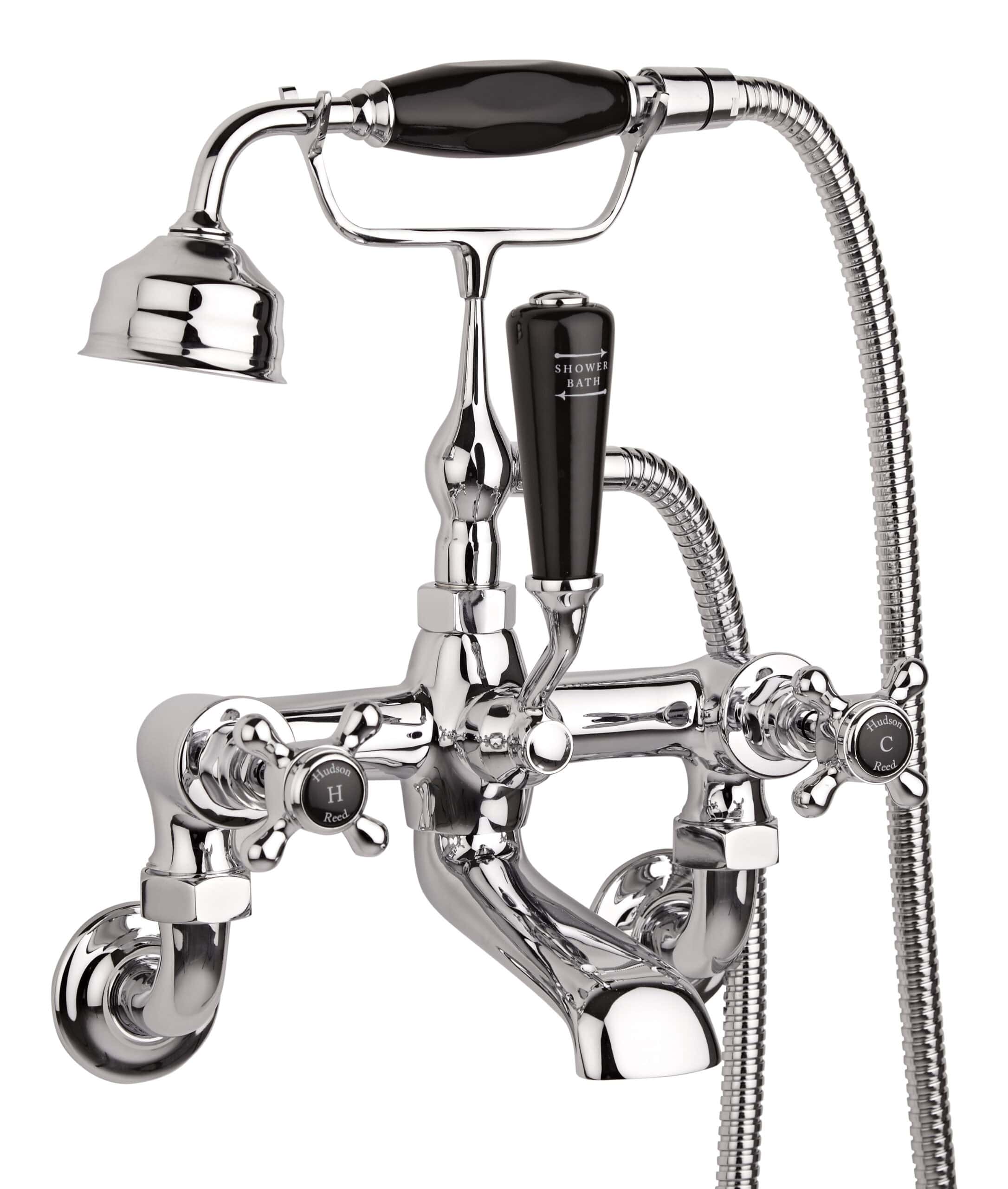 Vintage-style chrome bath and shower mixer tap with separate hot and cold controls, flexible shower hose, and handheld shower head, ideal for classic bathroom designs.
