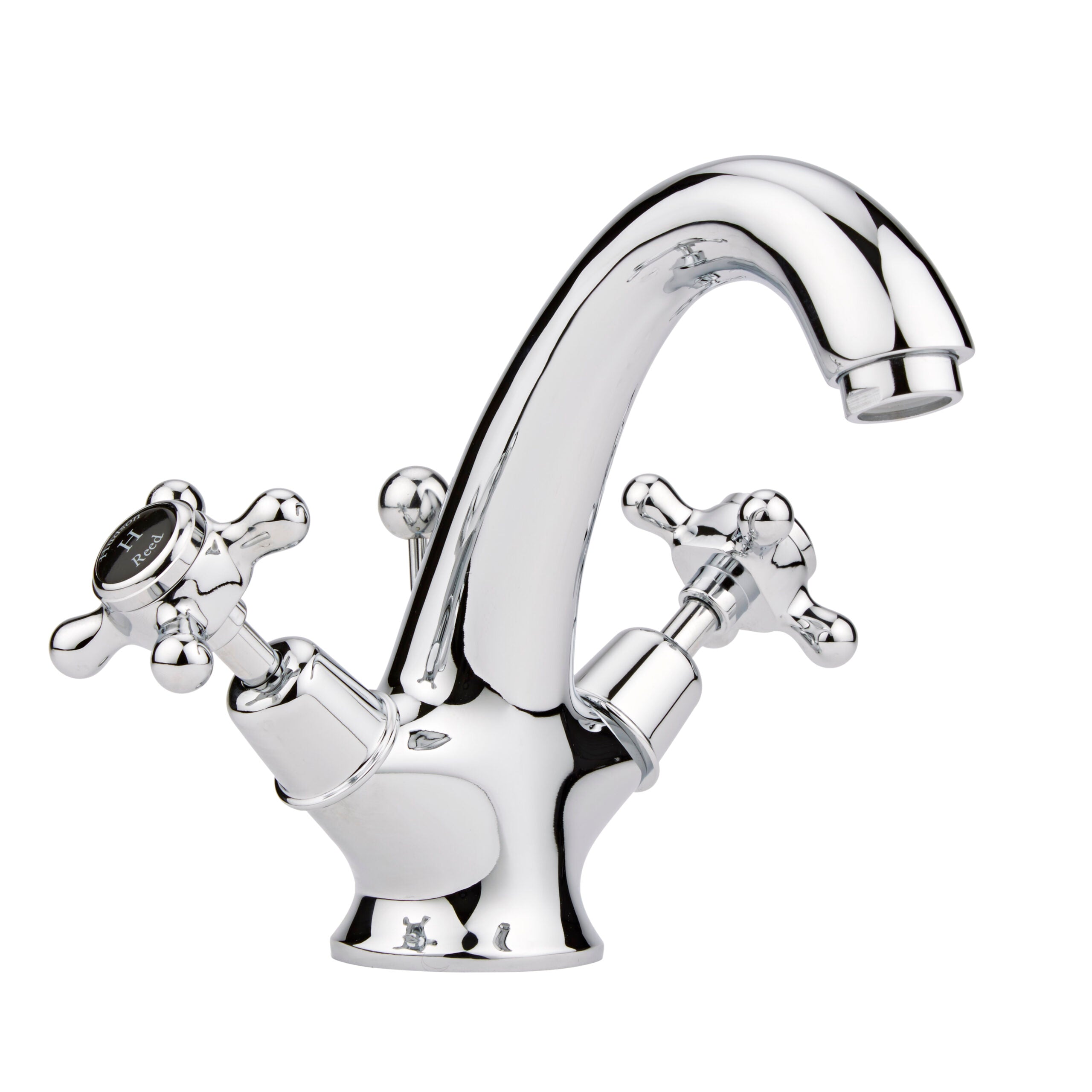 Polished chrome Victorian-style bathroom mixer tap with dual handles and a curved spout, ideal for traditional and modern bathroom designs.
