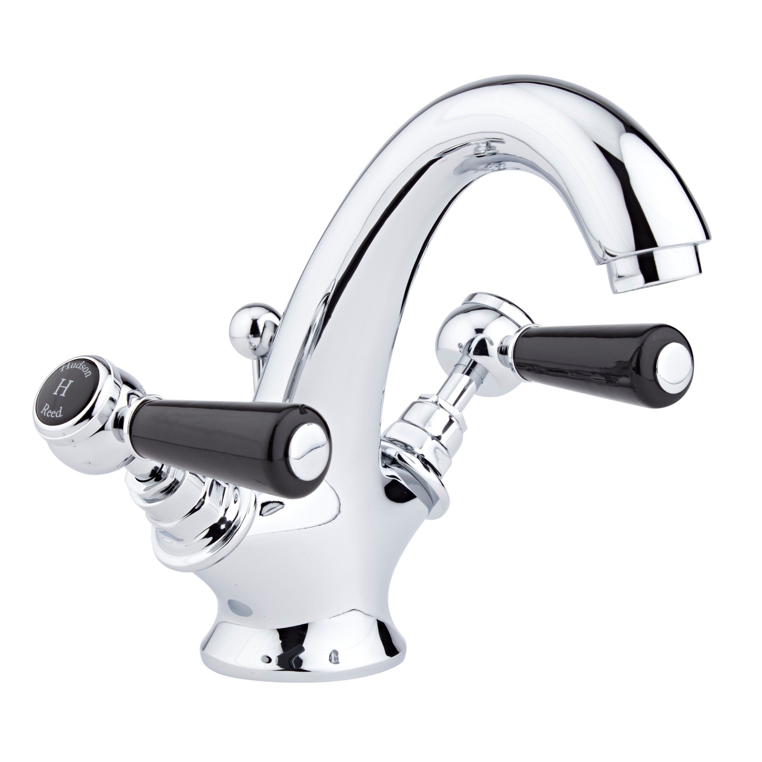 Chrome kitchen mixer tap with dual black levers, Victorian style, suitable for modern or traditional bathrooms and kitchens, high-quality bathroom fixture from Bubly Bathrooms.