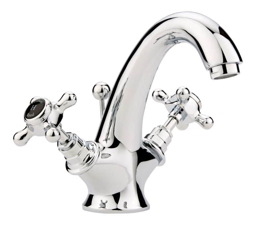 Polished chrome traditional bathroom mixer tap with dual cross handles, ideal for classic bathroom decor and enhancing sink functionality.