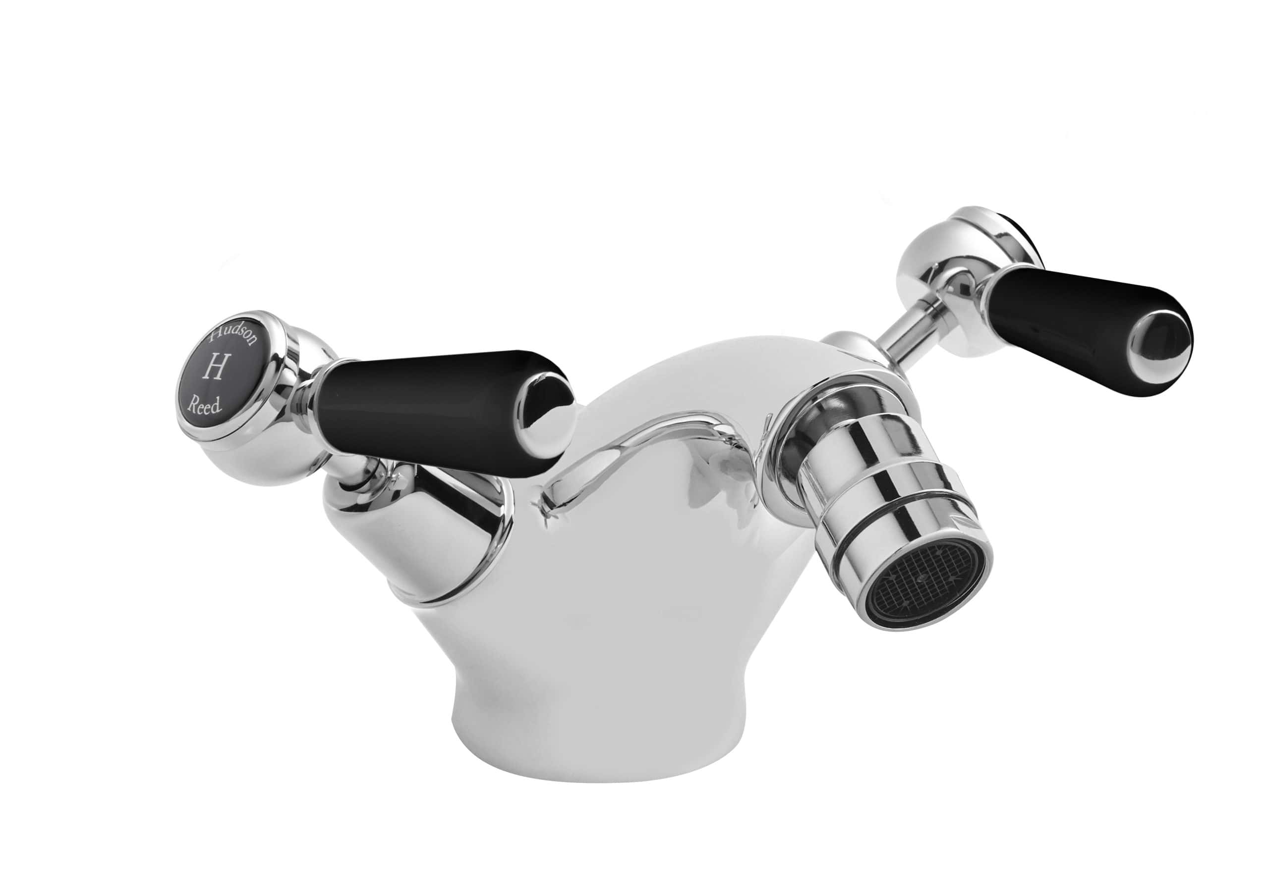 Polished chrome bathroom tap with black handles, modern design, suitable for contemporary showers or baths, designed by Bubly Bathrooms in the UK.