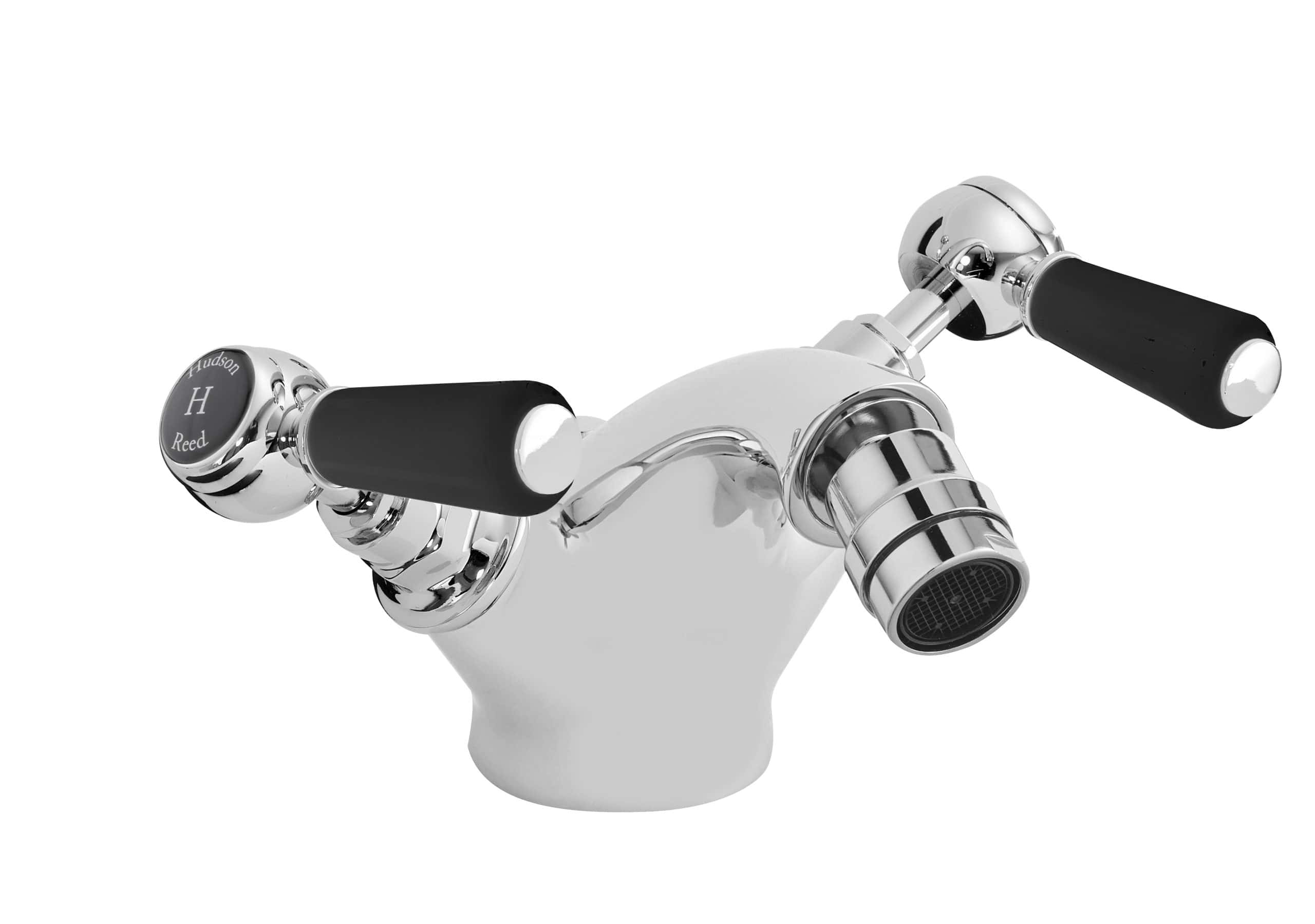 Elegant chrome bathroom mixer tap with black lever handles, ideal for modern Bubly bathrooms, featuring durable construction and sleek design for stylish water control.