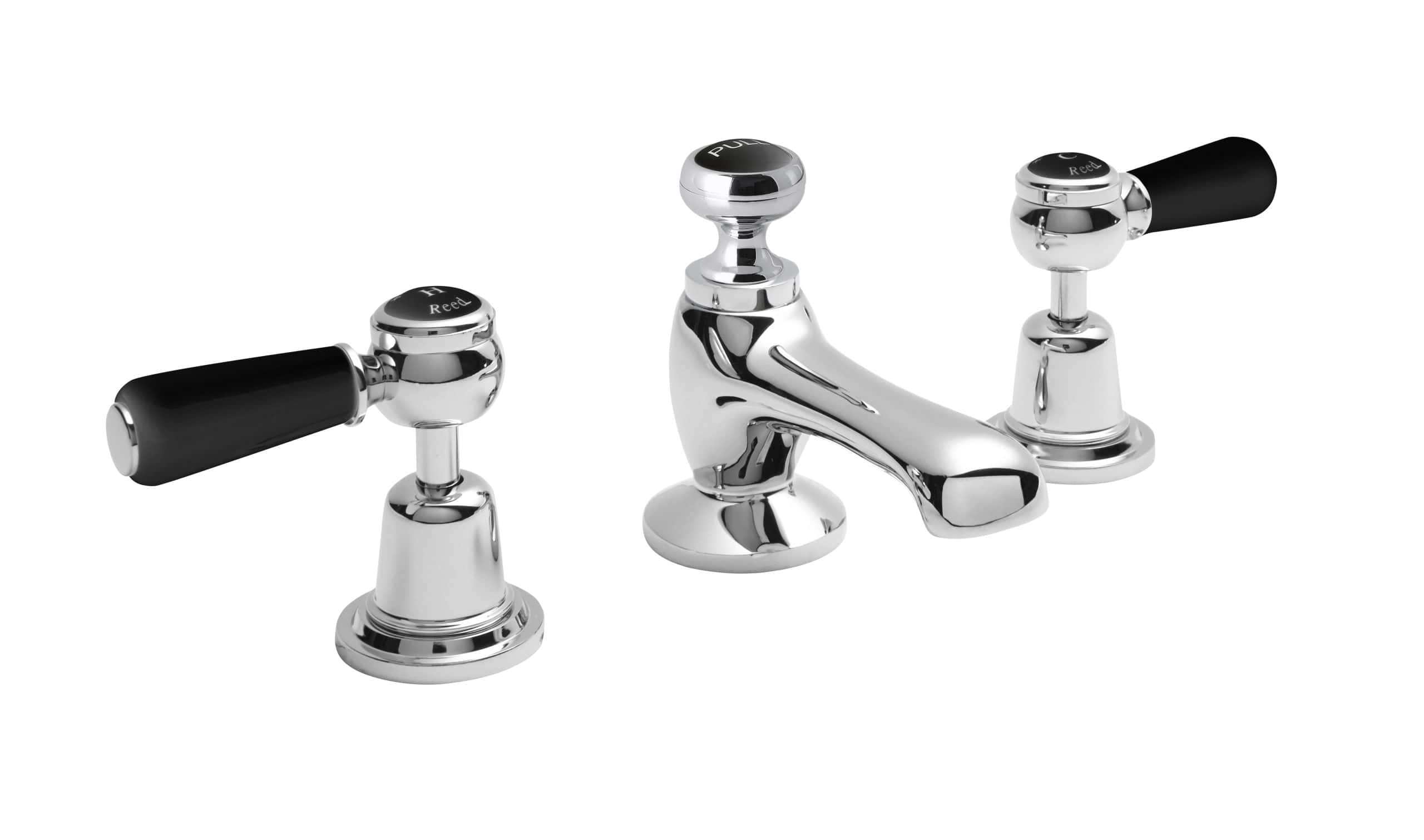 Chrome bathroom tap with black handles and classic design, suitable for traditional and vintage bathrooms, providing durable and stylish water control.