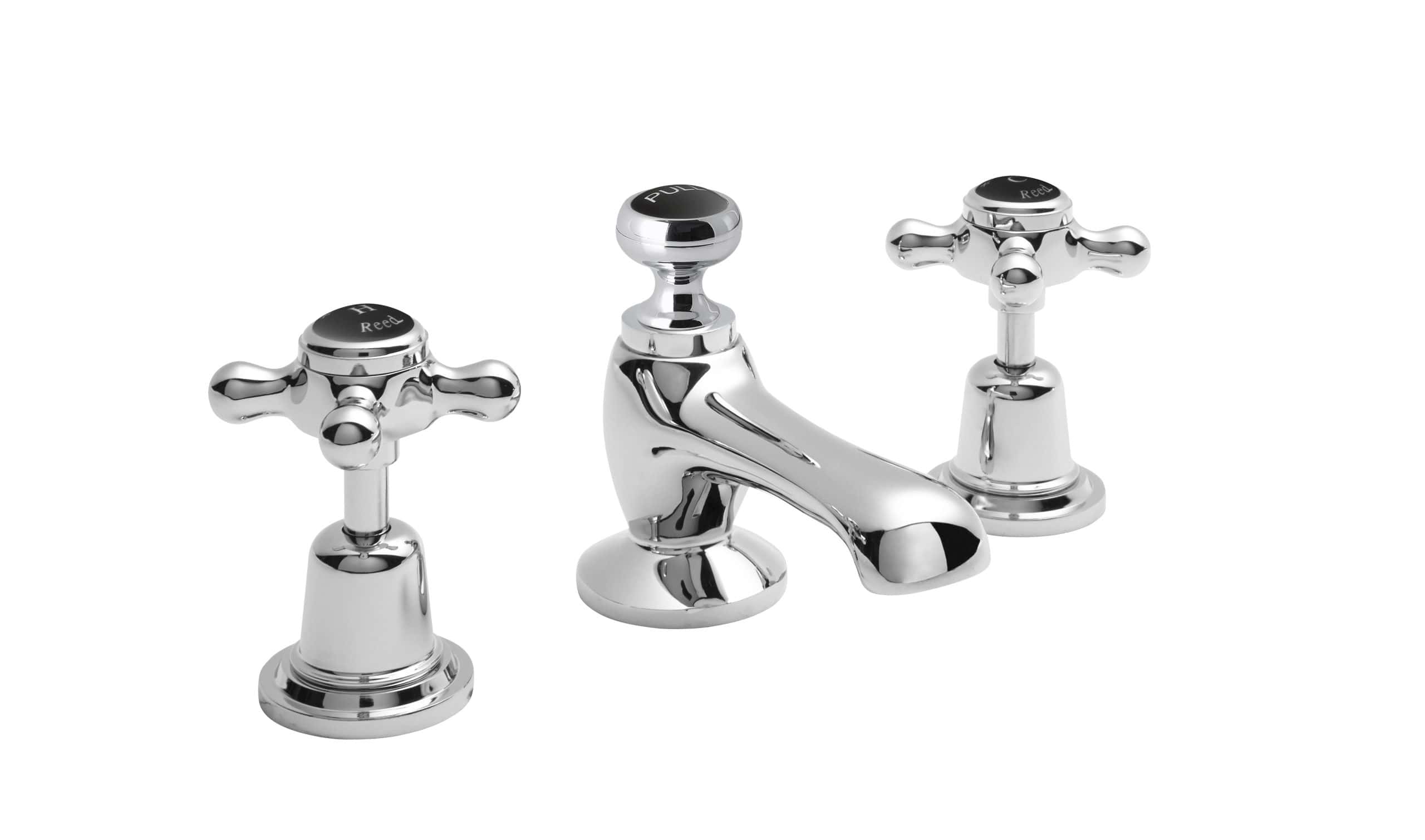 Polished chrome bathroom mixer tap set with dual crosshead handles, ideal for classic or vintage style bathrooms. Durable and easy to operate for hot and cold water control.