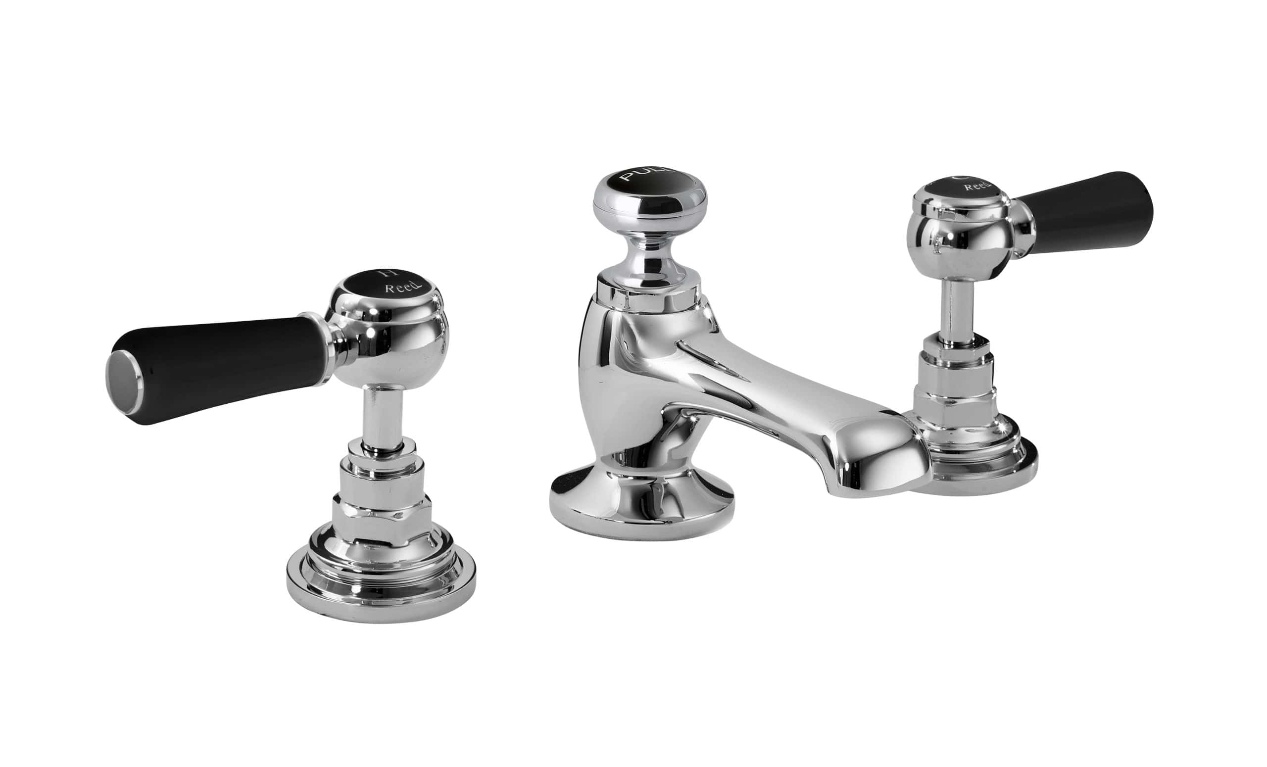 Polished chrome bathroom tap with black handles, vintage-style plumbing fixture for washbasin or sink, high-quality brass construction, elegant and durable design.