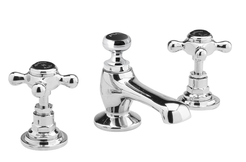Polished chrome bathroom basin mixer tap with crosshead handles, traditional design, suitable for classic bathroom styles, easy to operate and durable for everyday use.