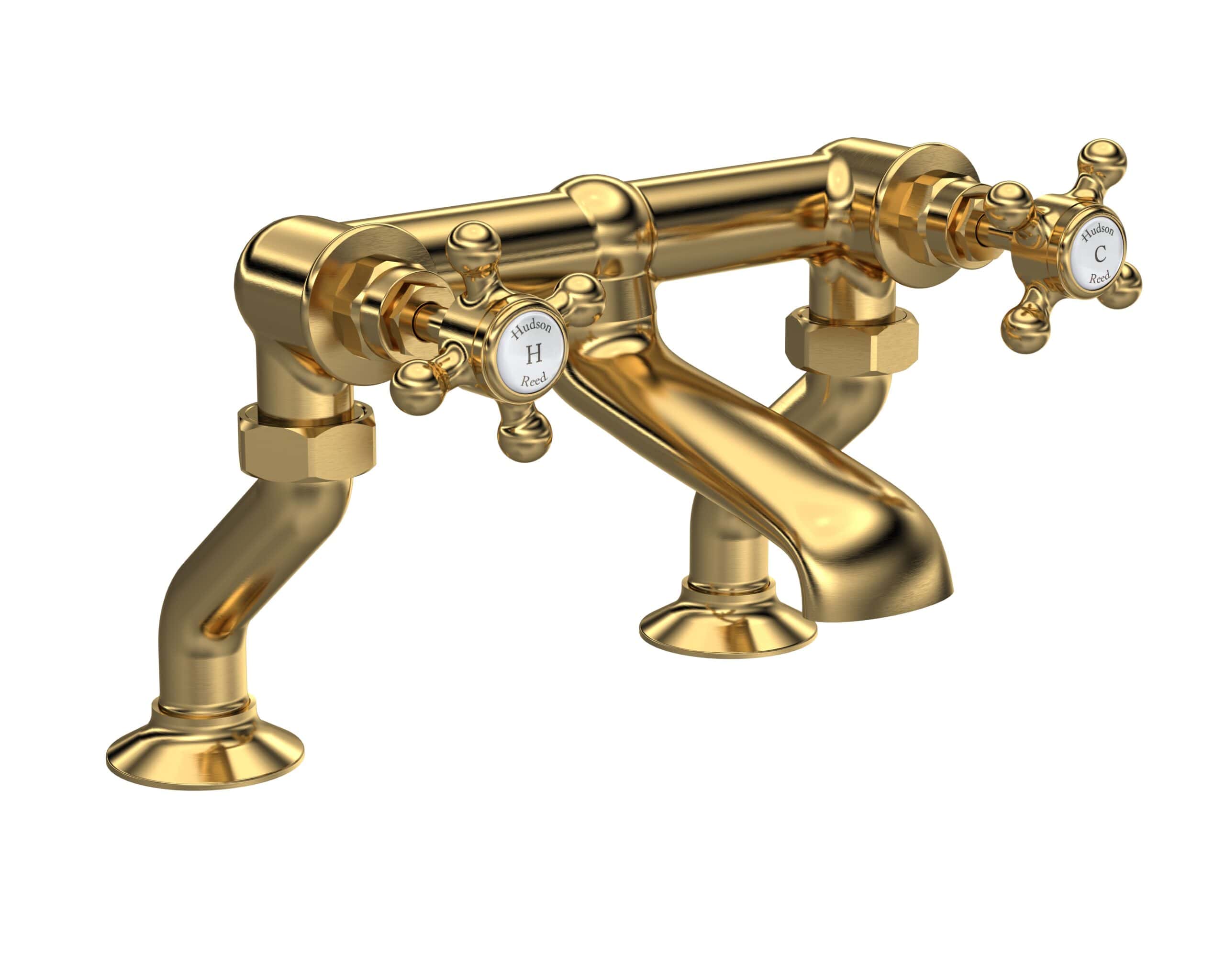 Polished gold vintage bathroom tap set with four handles, traditional Victorian style, ideal for luxury bathrooms, featuring classic design and high-quality finish.
