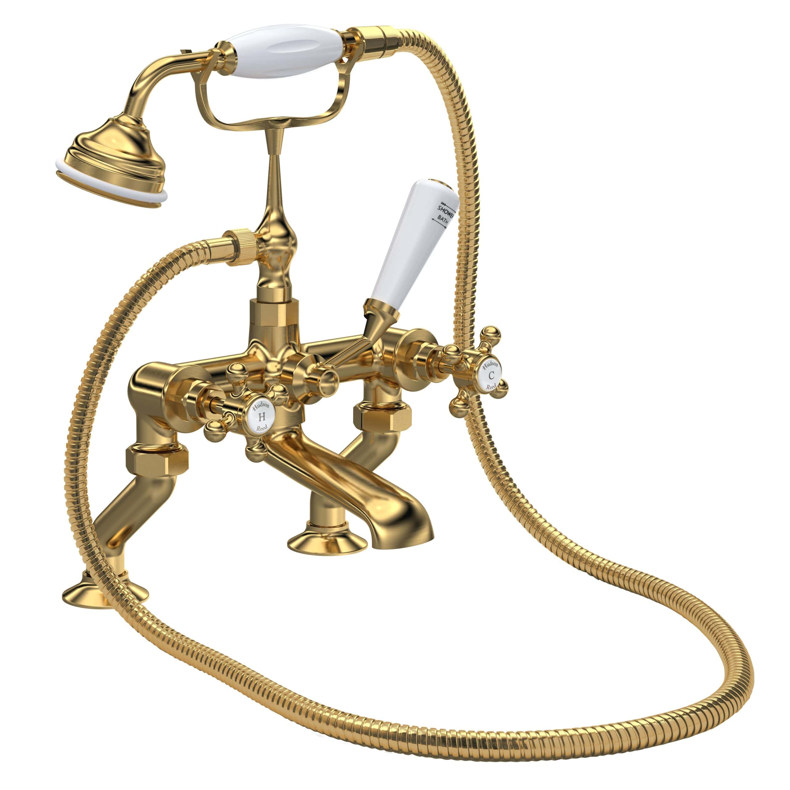 Polished gold vintage-style bathtub faucet with handheld shower and flexible hose, elegant bathroom fixture for luxurious bathing experience.