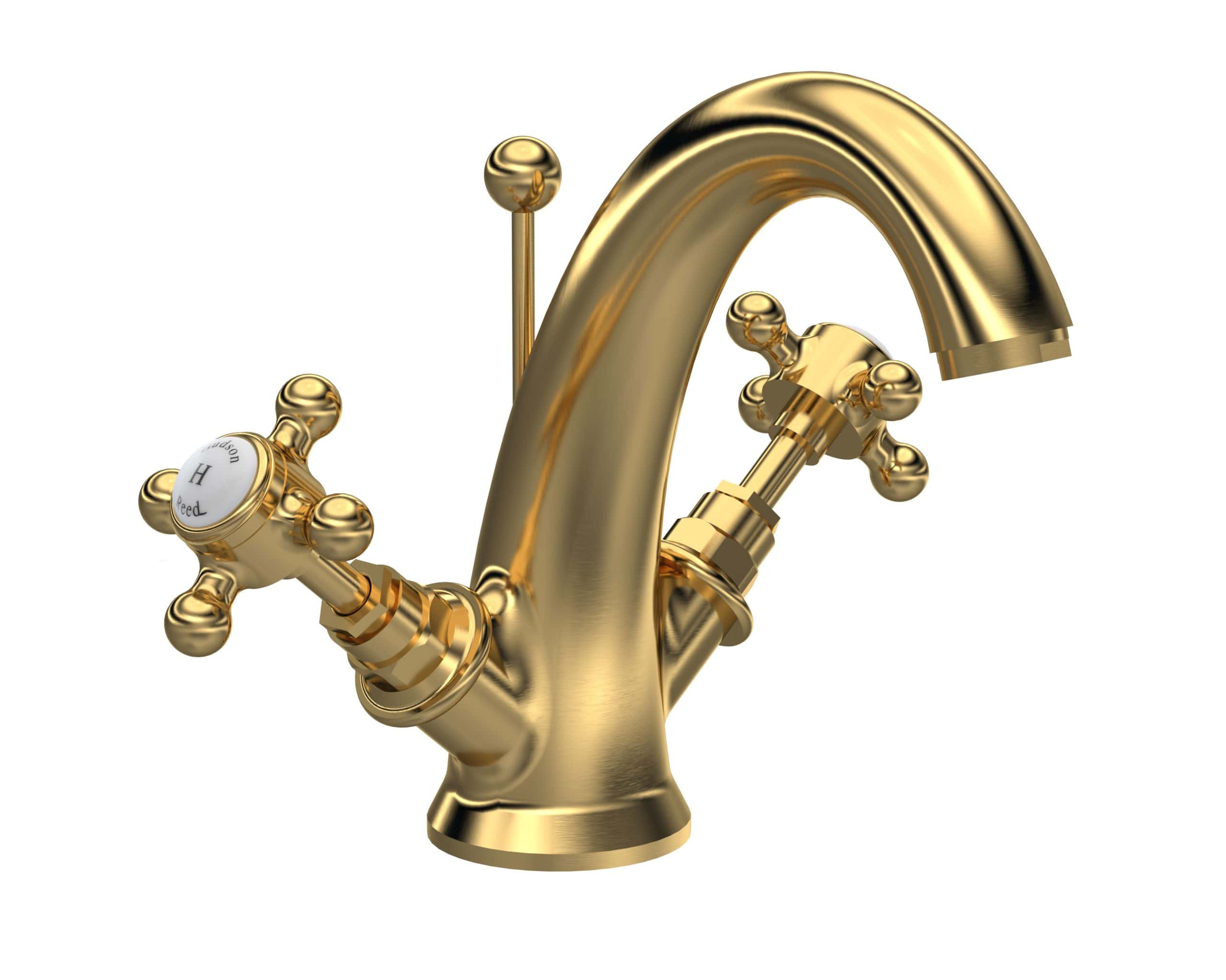 Shiny gold bathroom tap with vintage cross handles, modern design, and high-quality finish, perfect for elegant and luxurious bathroom interiors.