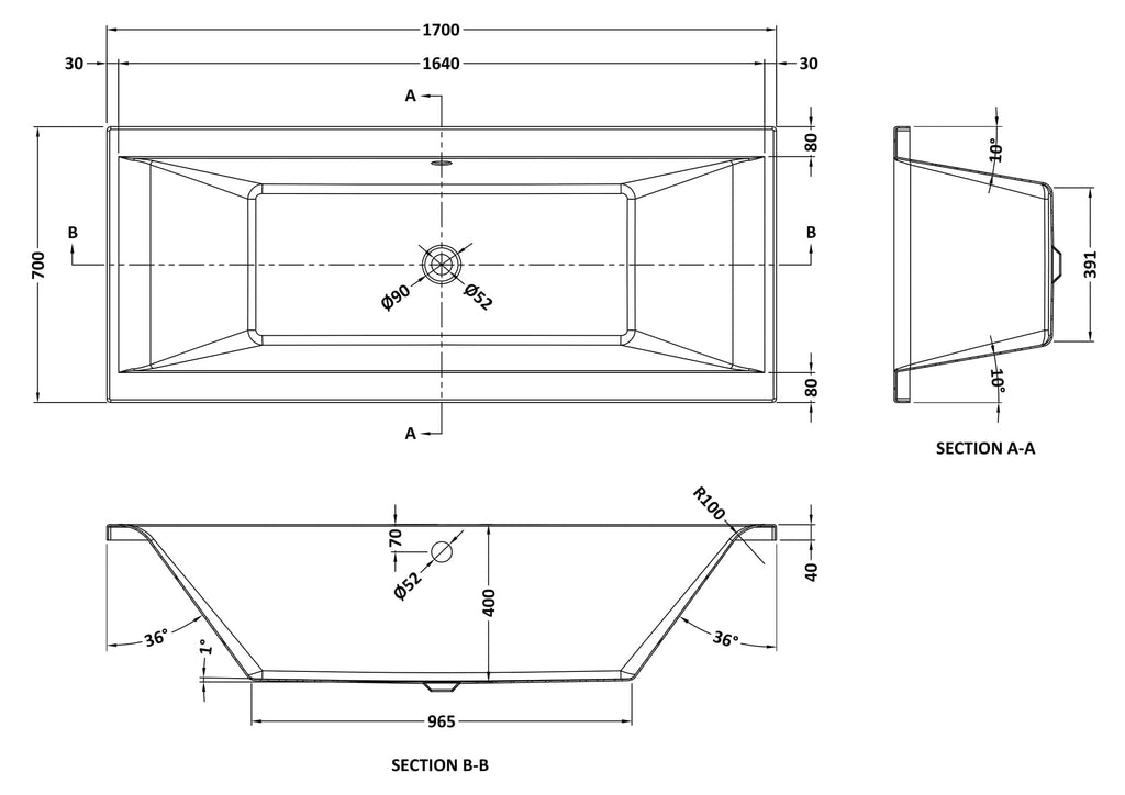 Elegant modern bathroom bathtub with detailed technical dimensions, perfect for contemporary bathroom renovation and design projects.