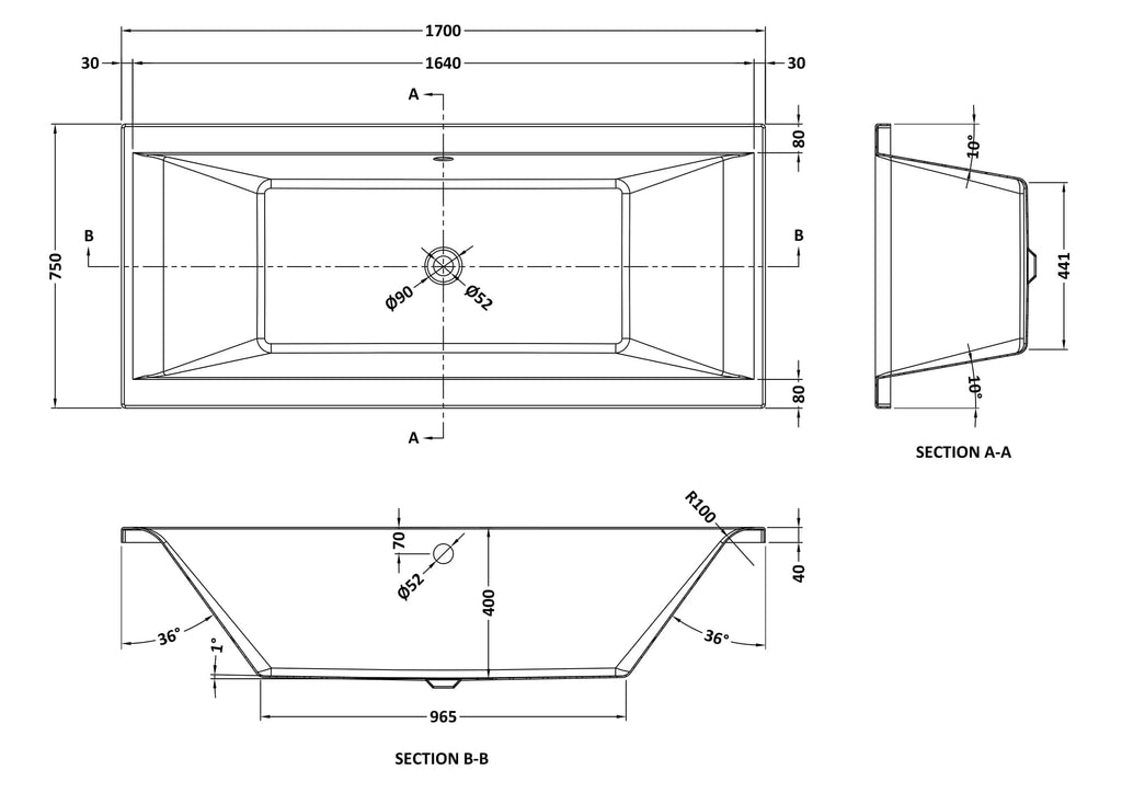 Luxurious modern bathtub with sleek design, perfect for contemporary bathrooms, featuring detailed technical specifications and dimensions for installation.