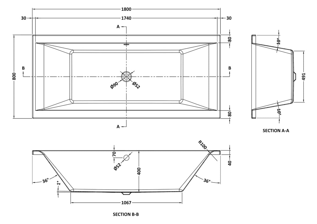 Sleek modern bathtub with detailed technical design drawing, showcasing dimensions and construction for high-end bathroom renovations.