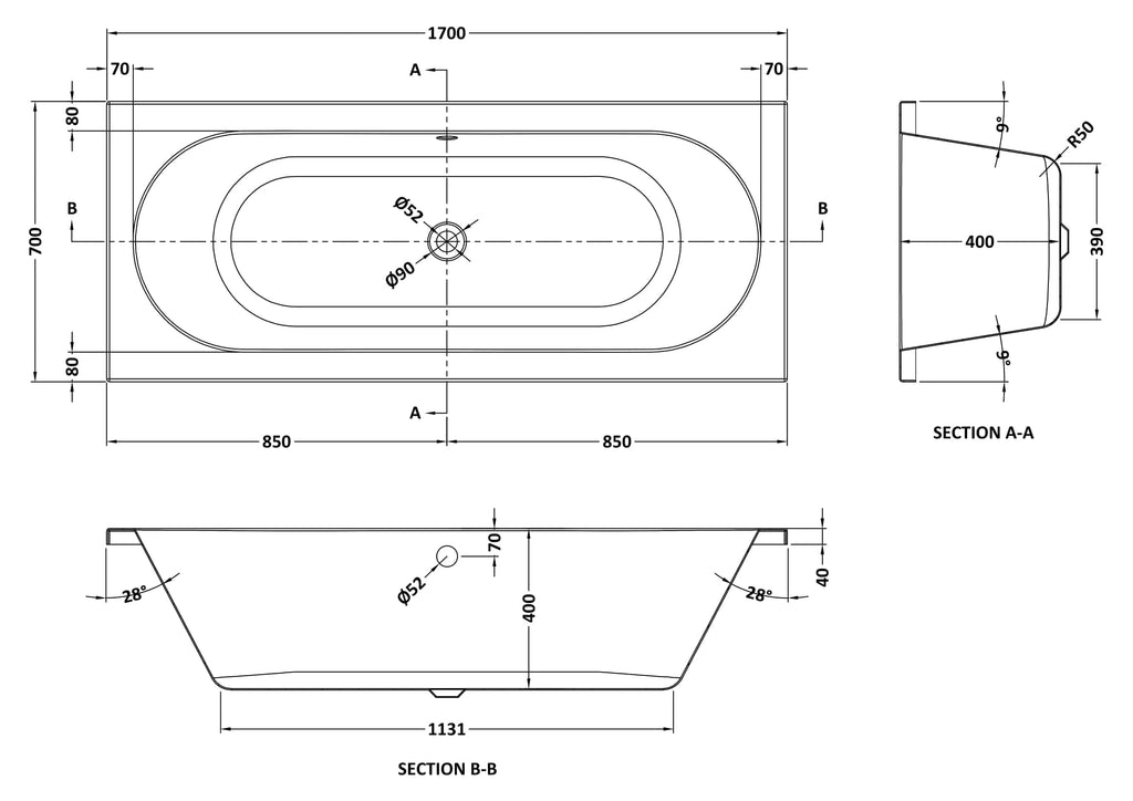 Modern rectangular bathtub with detailed technical drawing and measurements, featuring a sleek design suitable for contemporary bathrooms. Perfect for luxury bathroom renovations and installations.