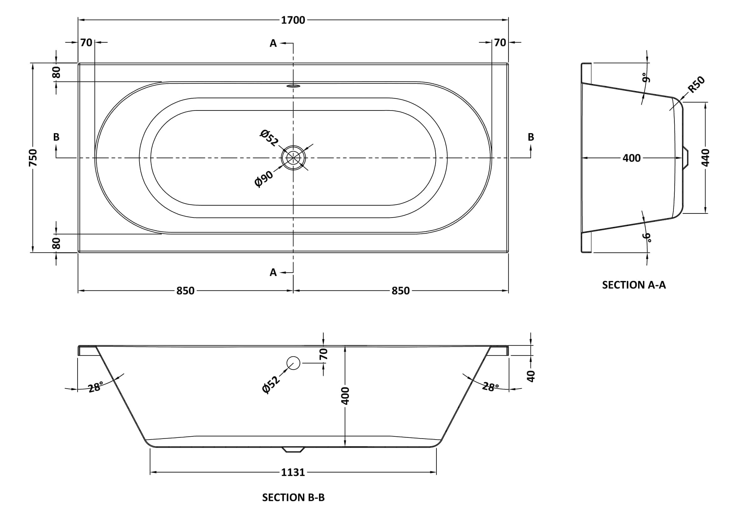 Sleek modern bathtub with detailed technical bathroom design drawing, featuring measurements and specifications for bathroom renovation and styling.