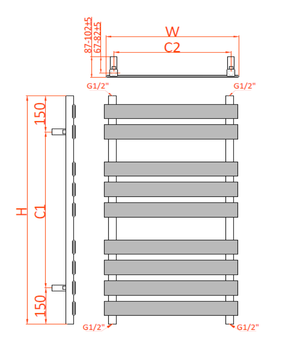 Reina Trento Chrome Heated Towel Rail - technical drawing with dimensions
