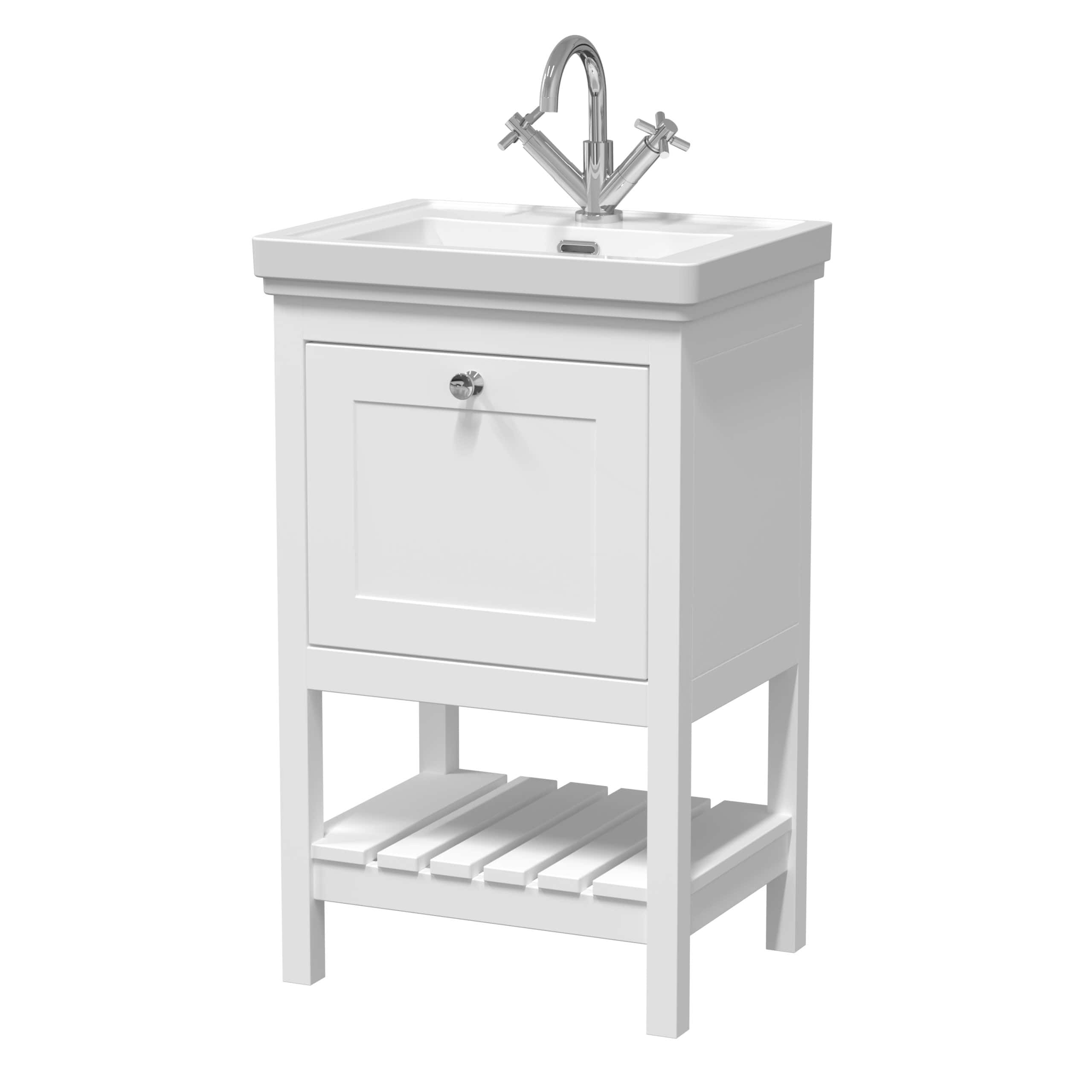 Bright white bathroom vanity with a top-mounted sink and chrome tap, ideal for modern bathroom decor and space-saving solutions. Smooth finish, cabinet storage, and lower slatted shelf for accessories.
