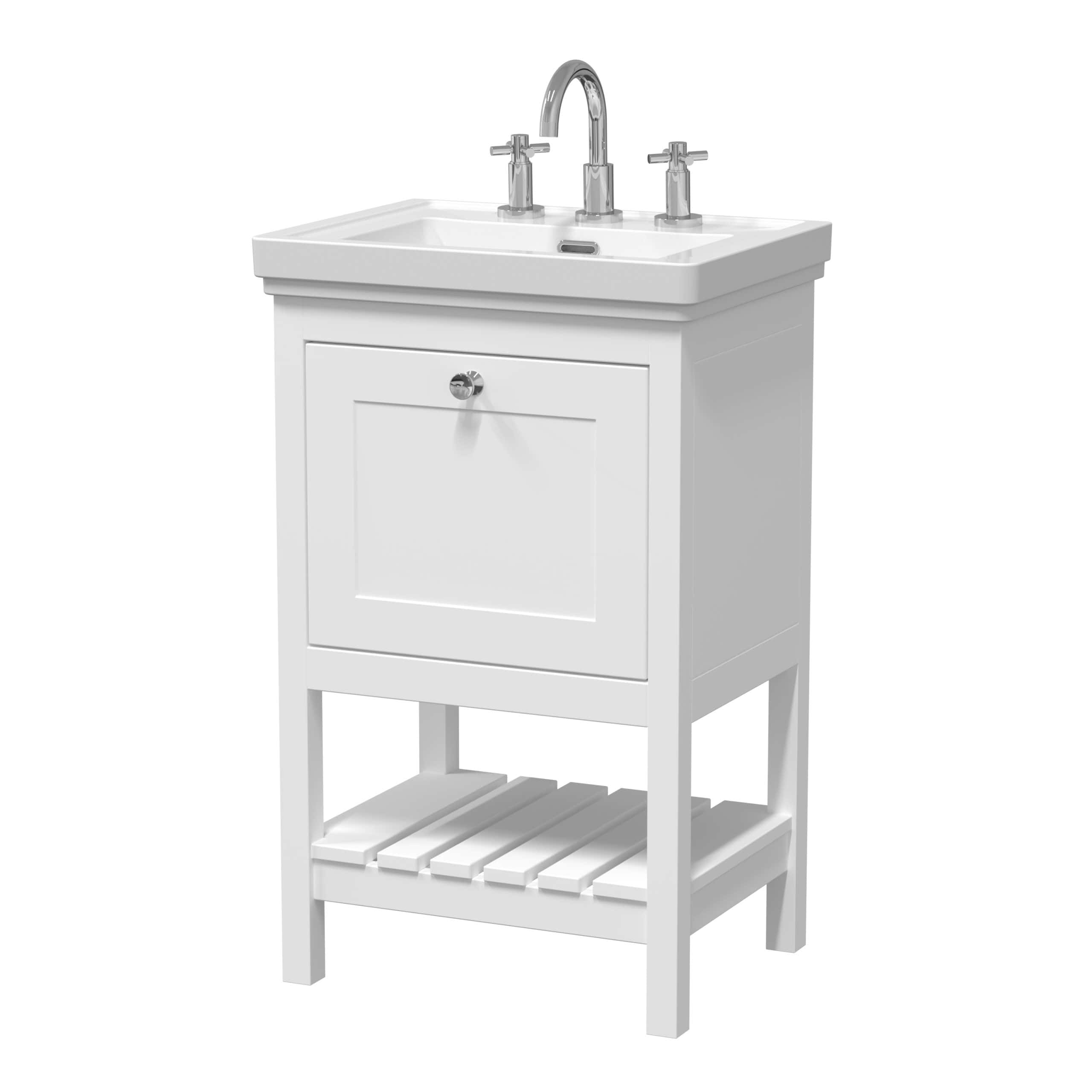 Sleek white bathroom vanity with sink and chrome faucet, ideal for modern bathroom decor and space-saving storage. Perfect for residential or commercial bathroom upgrades.