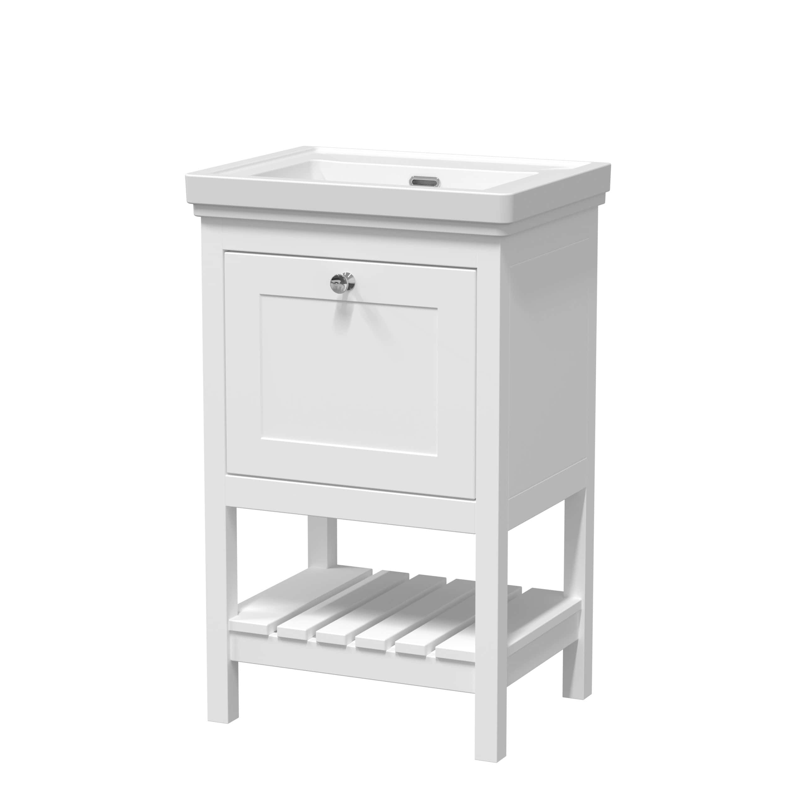 Ceramic bathroom sink vanity unit with storage cabinet and slatted shelf, white finish, ideal for modern bathroom decor and space-saving solutions.