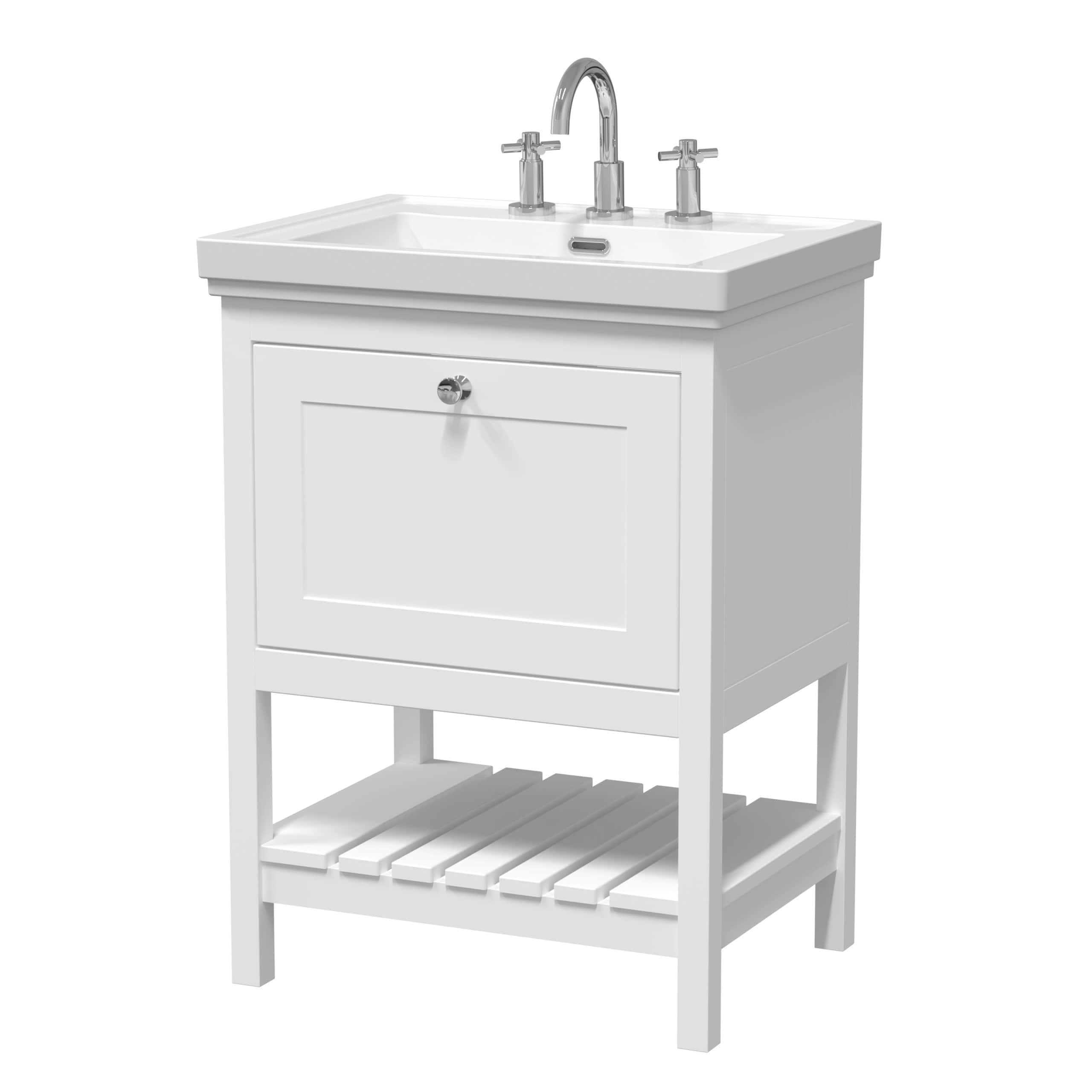 Elegant white bathroom vanity with integrated sink, chrome fixtures, and storage cabinet, perfect for modern bathroom decor. Suitable for residential and commercial bathroom upgrades.