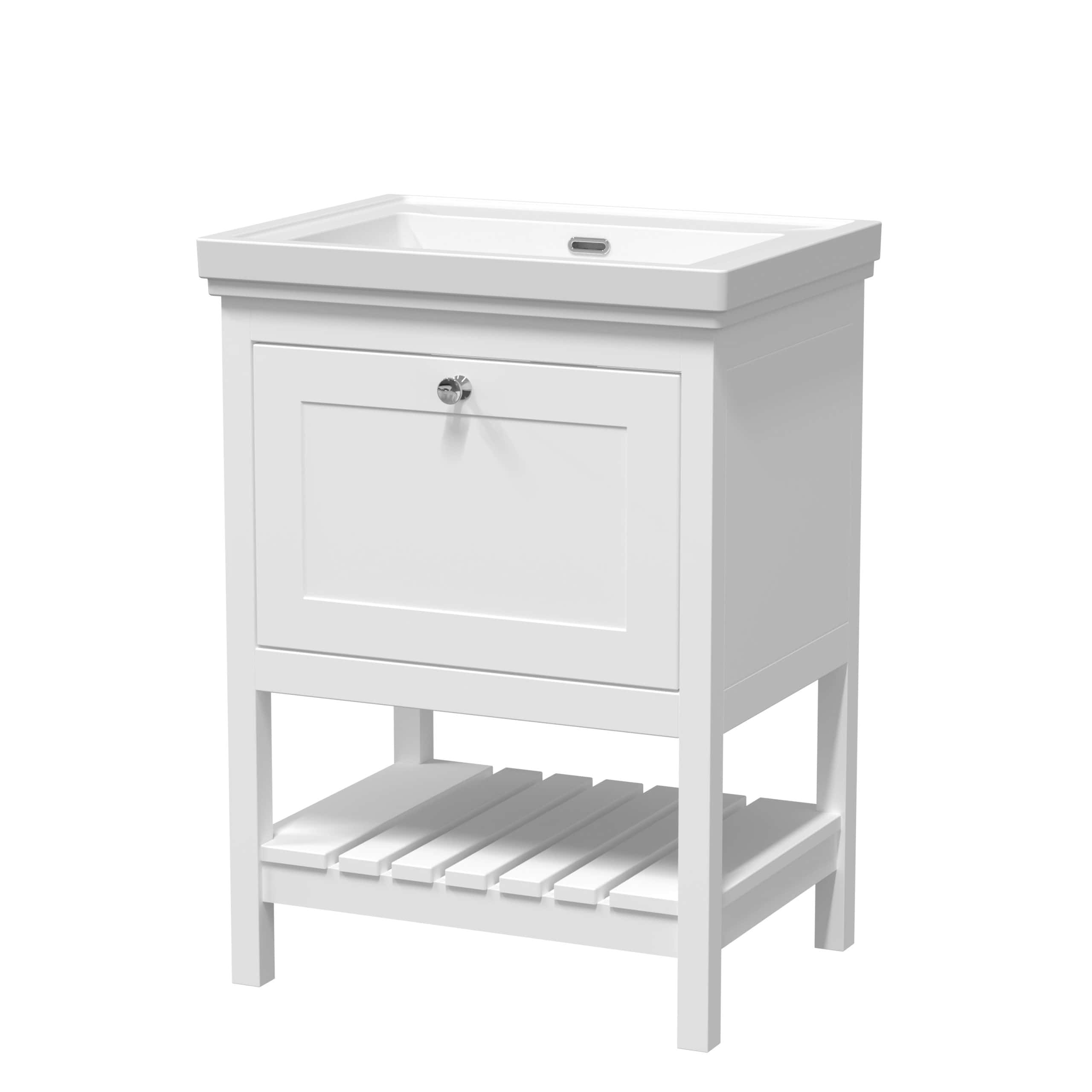 White bathroom vanity with integrated sink, storage cabinet and slatted lower shelf, perfect for modern or classic bathroom decor, featuring sleek finishes and durable construction.