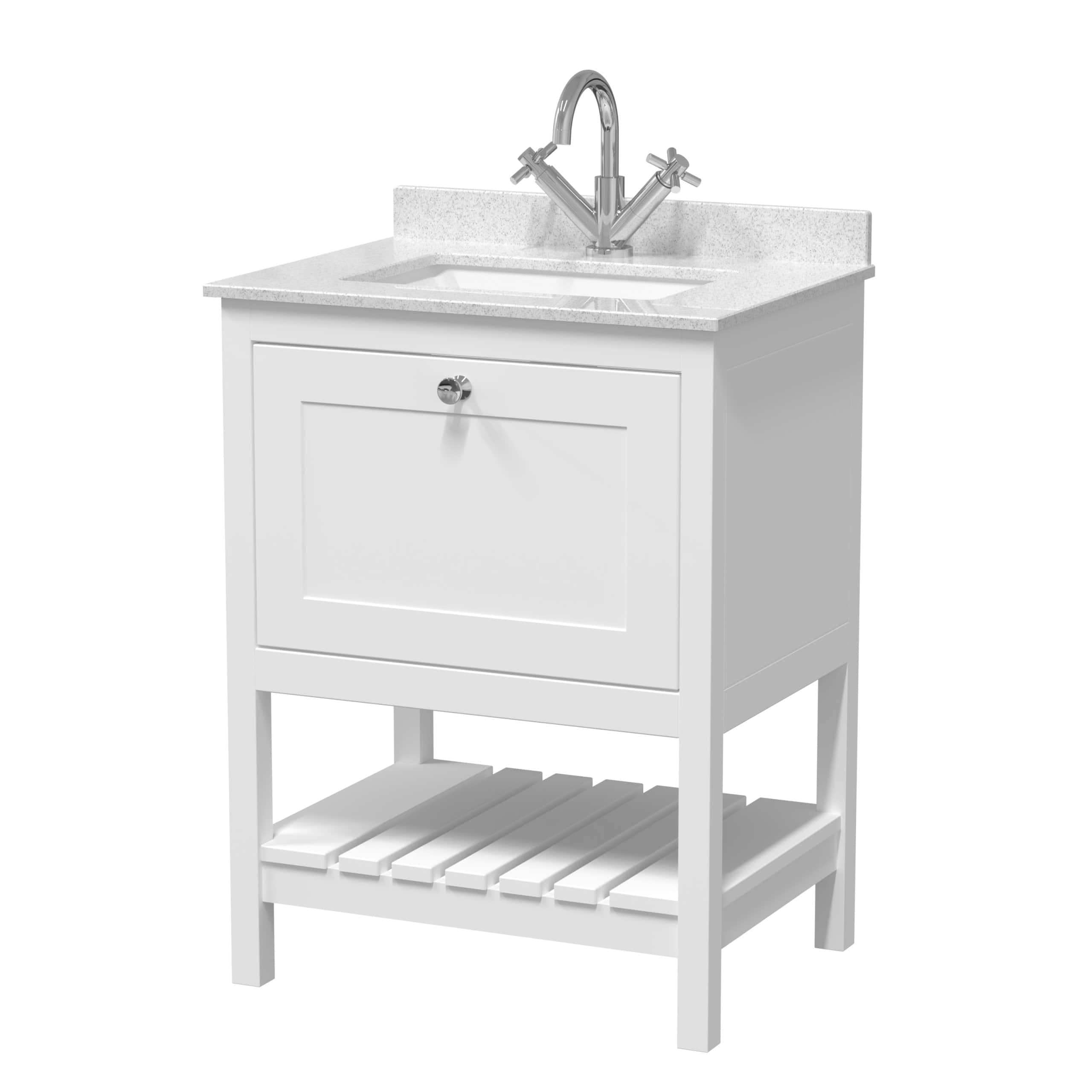 White bathroom sink unit with cabinet and wooden shelf, perfect for bathroom storage and classic bathroom décor, featuring a chrome tap and modern design.