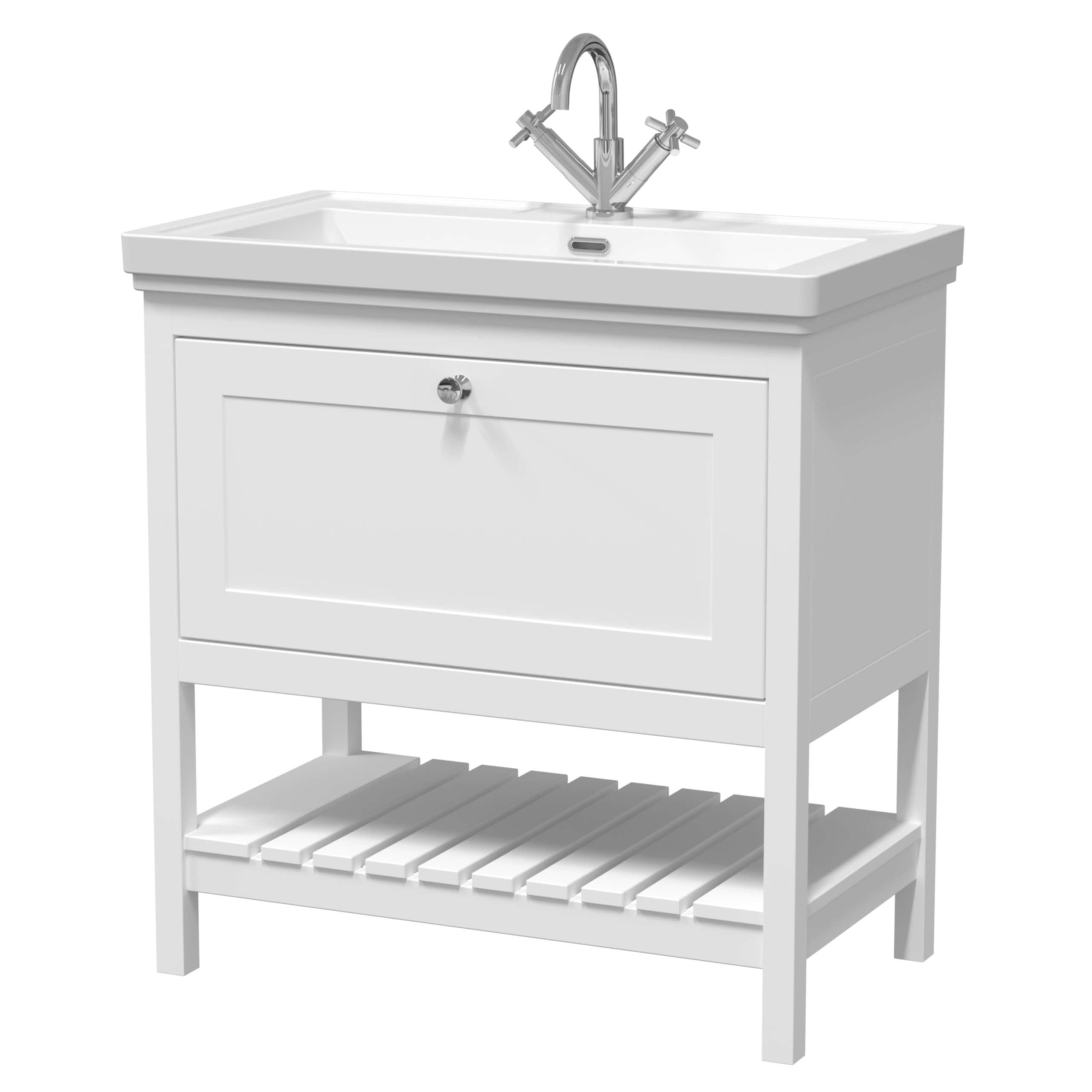 Modern white bathroom sink vanity with storage cabinet and slatted lower shelf, featuring a chrome faucet, ideal for contemporary bathroom designs.