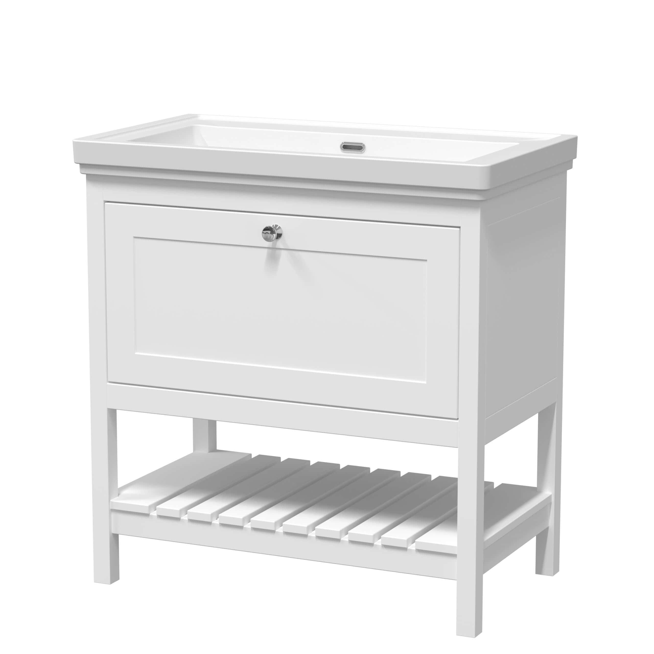 White bathroom vanity with integrated sink and storage cabinet, ideal for modern bathroom decor. Featuring a sleek design with a lower slatted shelf for extra organisation.