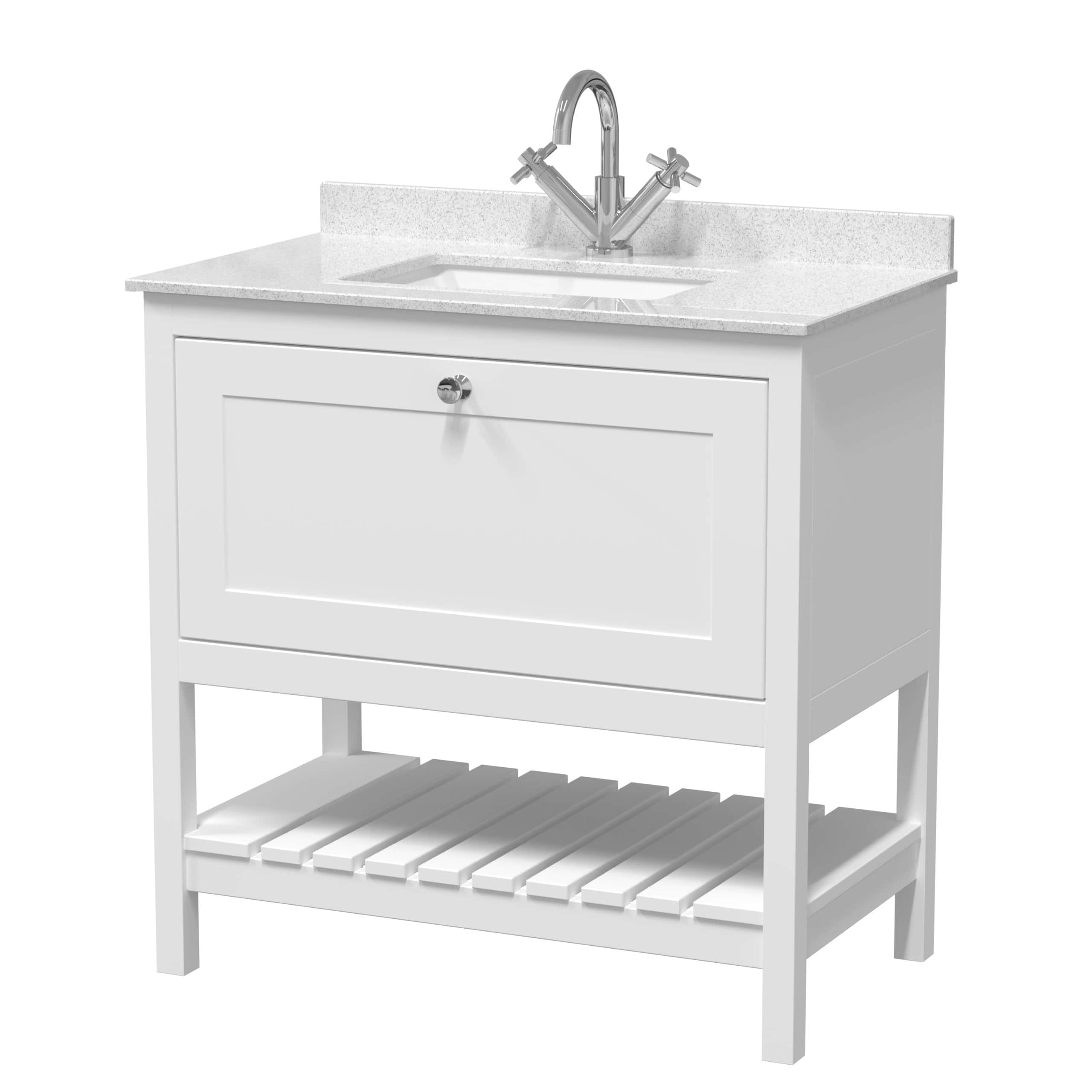 Modern white bathroom vanity with integrated sink, chrome faucet, and lower slatted shelf for storage, featuring elegant design and durable materials, ideal for contemporary bathroom decor.