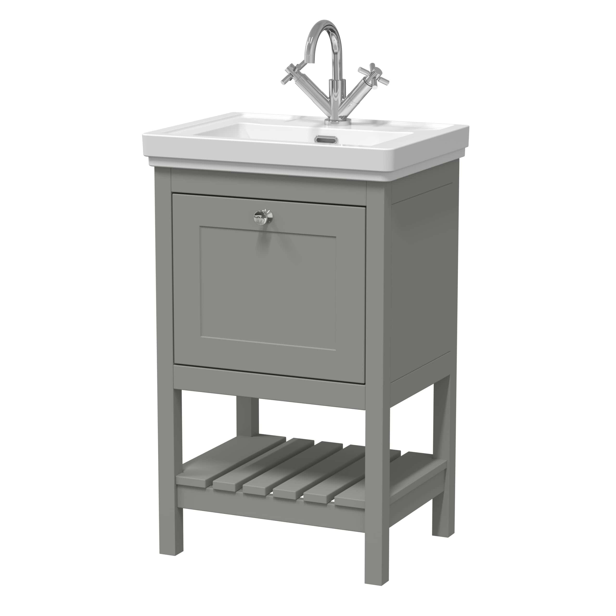 Stylish grey bathroom vanity with integrated sink, chrome faucet, and storage cabinet, ideal for modern bathroom upgrades and space-saving designs.