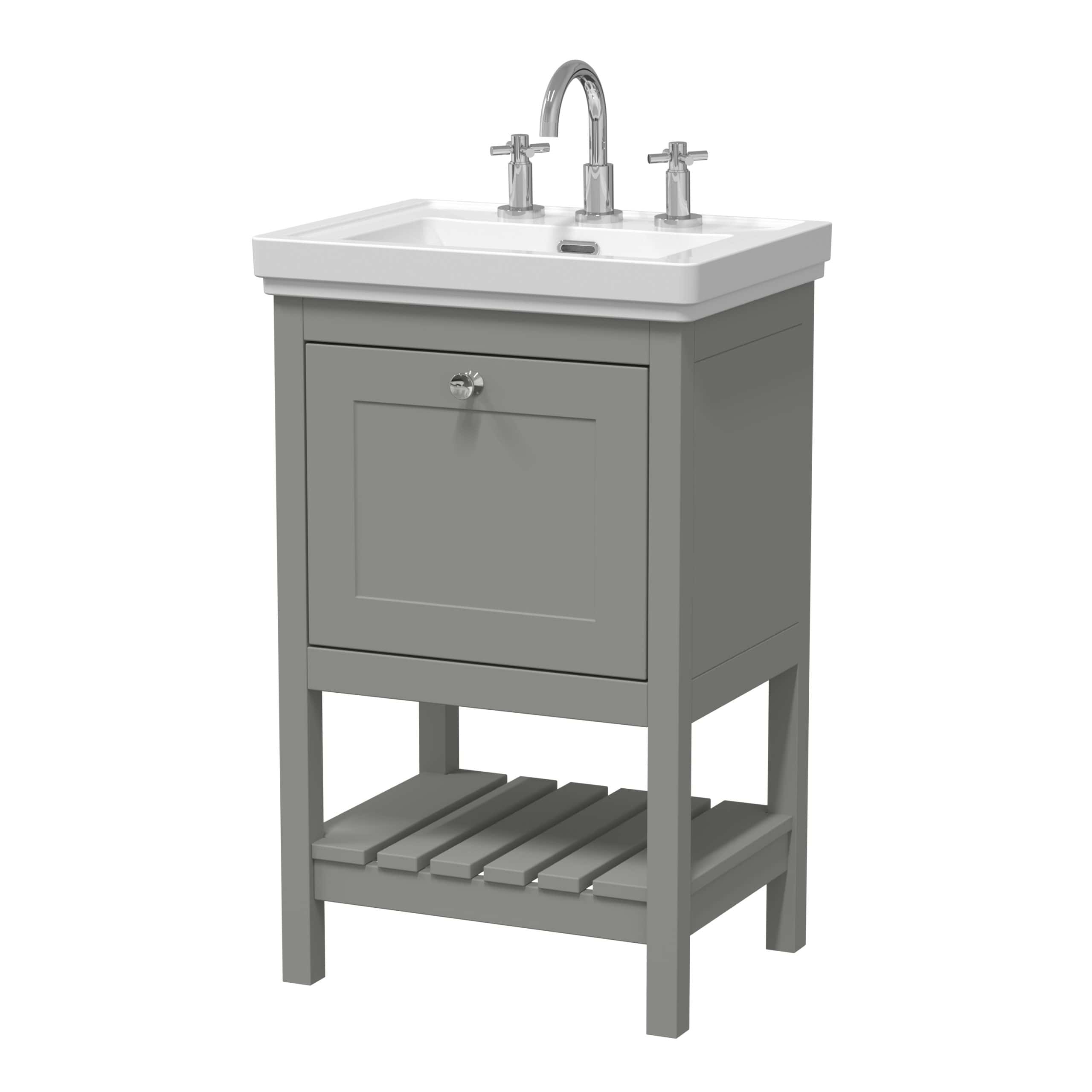 Polished grey bathroom vanity with white ceramic sink and chrome taps, ideal for modern bathroom decor and efficient space use.