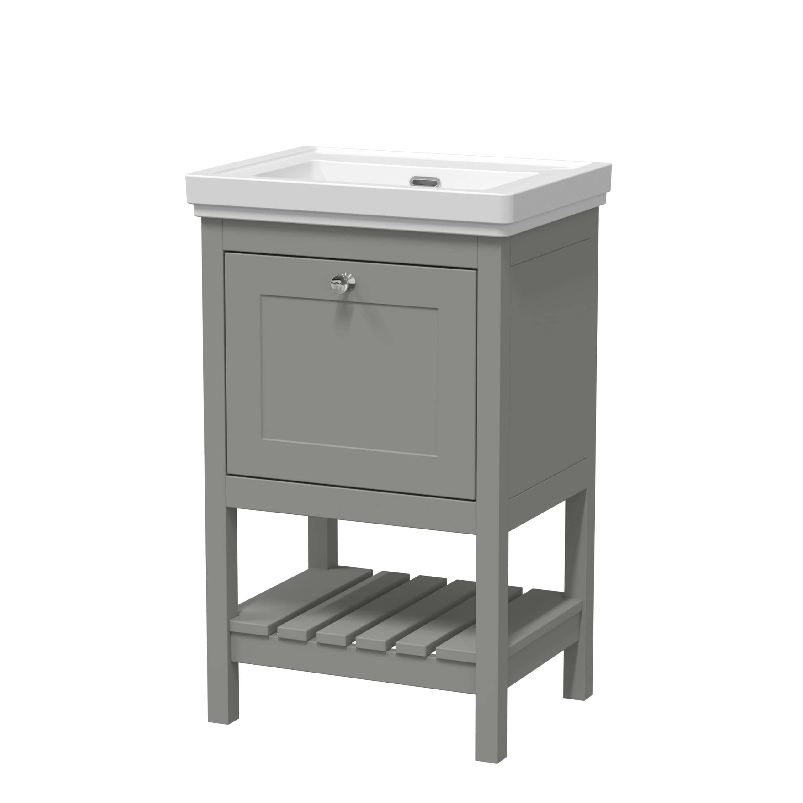 Stylish grey bathroom vanity with a white ceramic sink, modern design, and a lower slatted shelf, perfect for contemporary bathroom storage and organisation.
