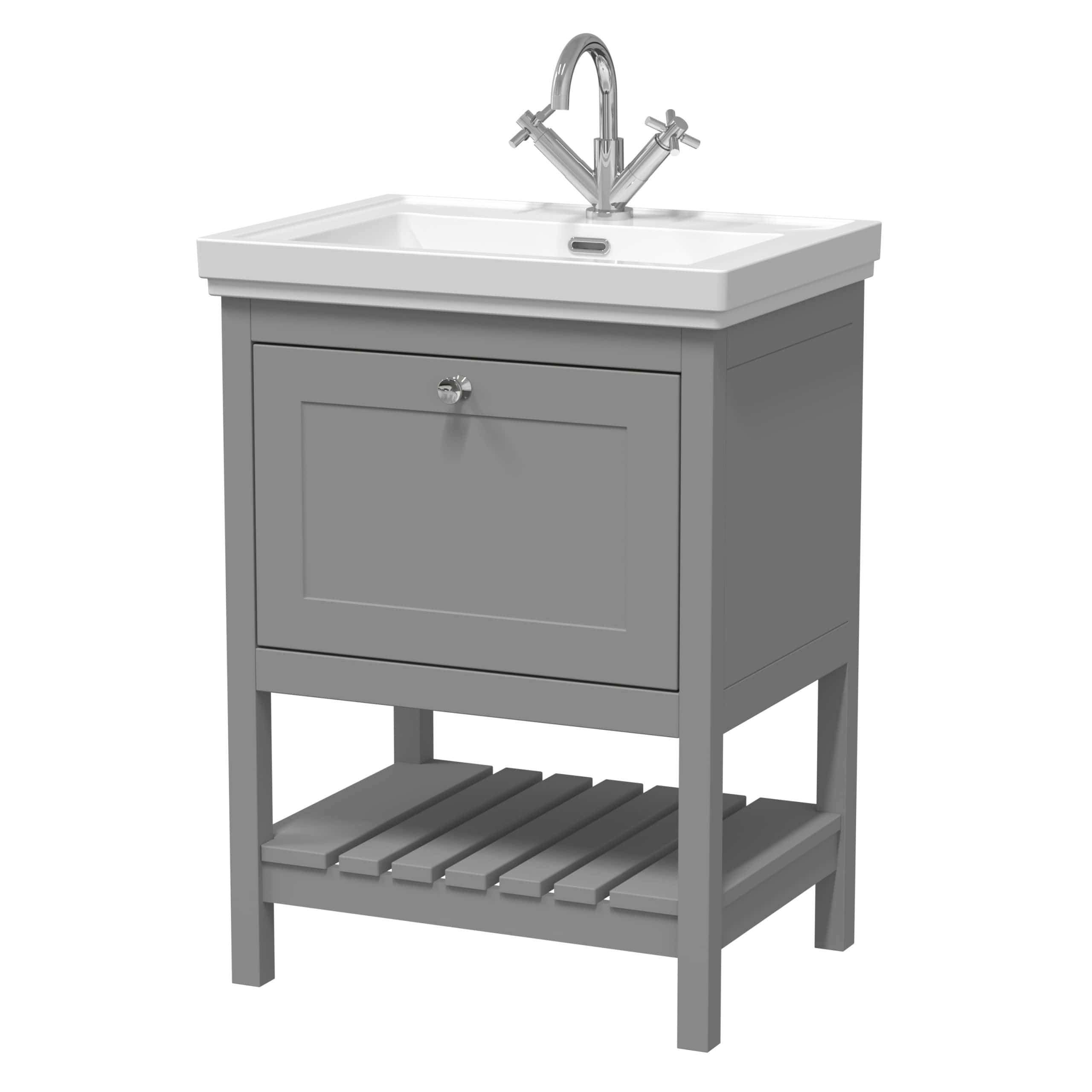 Minimalist grey bathroom sink unit with a white ceramic basin and chrome faucet, featuring storage underneath and a lower slatted shelf for bathroom organisation.