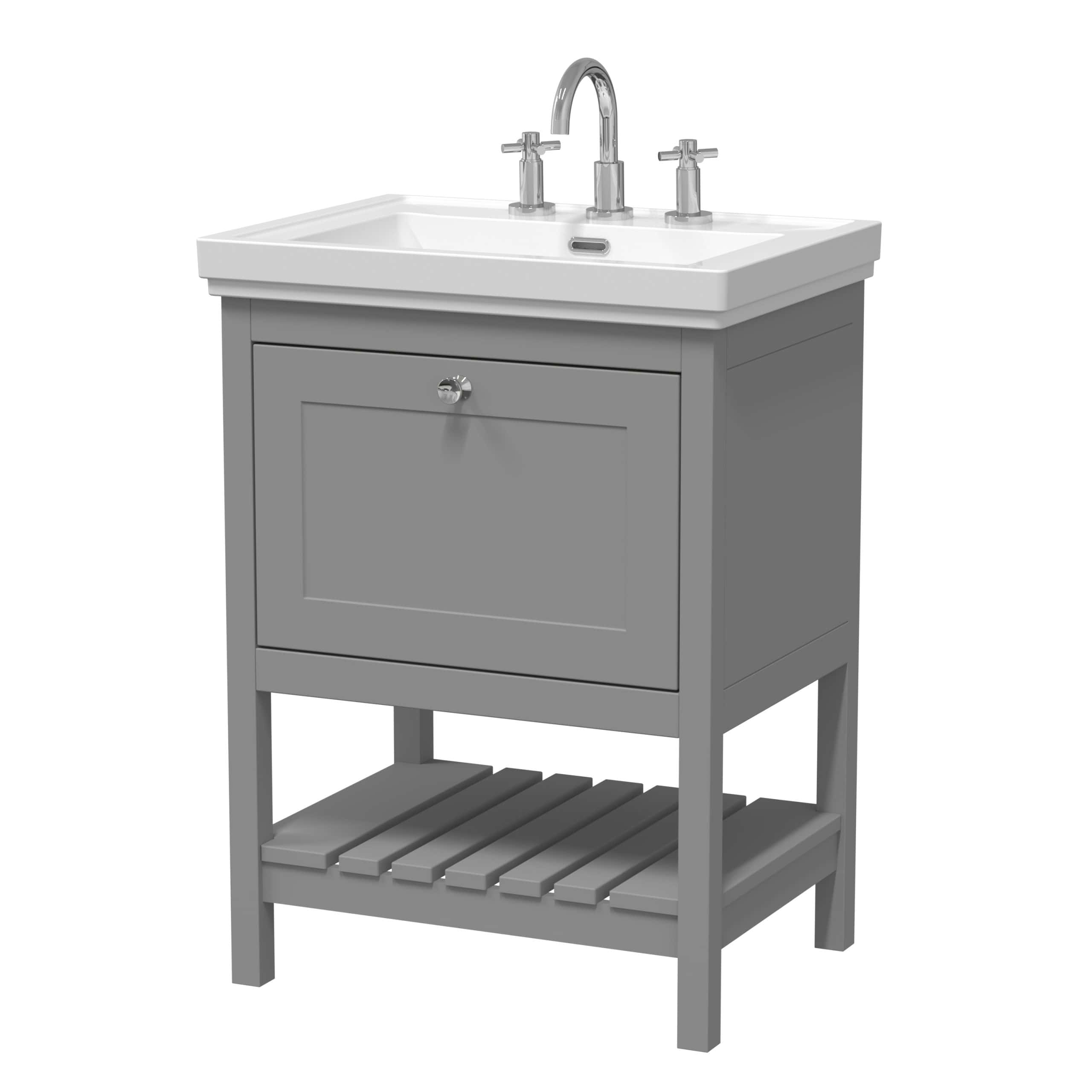 Shower vanity unit with basin in grey and white, featuring storage cabinet and slatted shelf for bathroom organisation, stylish and functional for modern bathroom design.