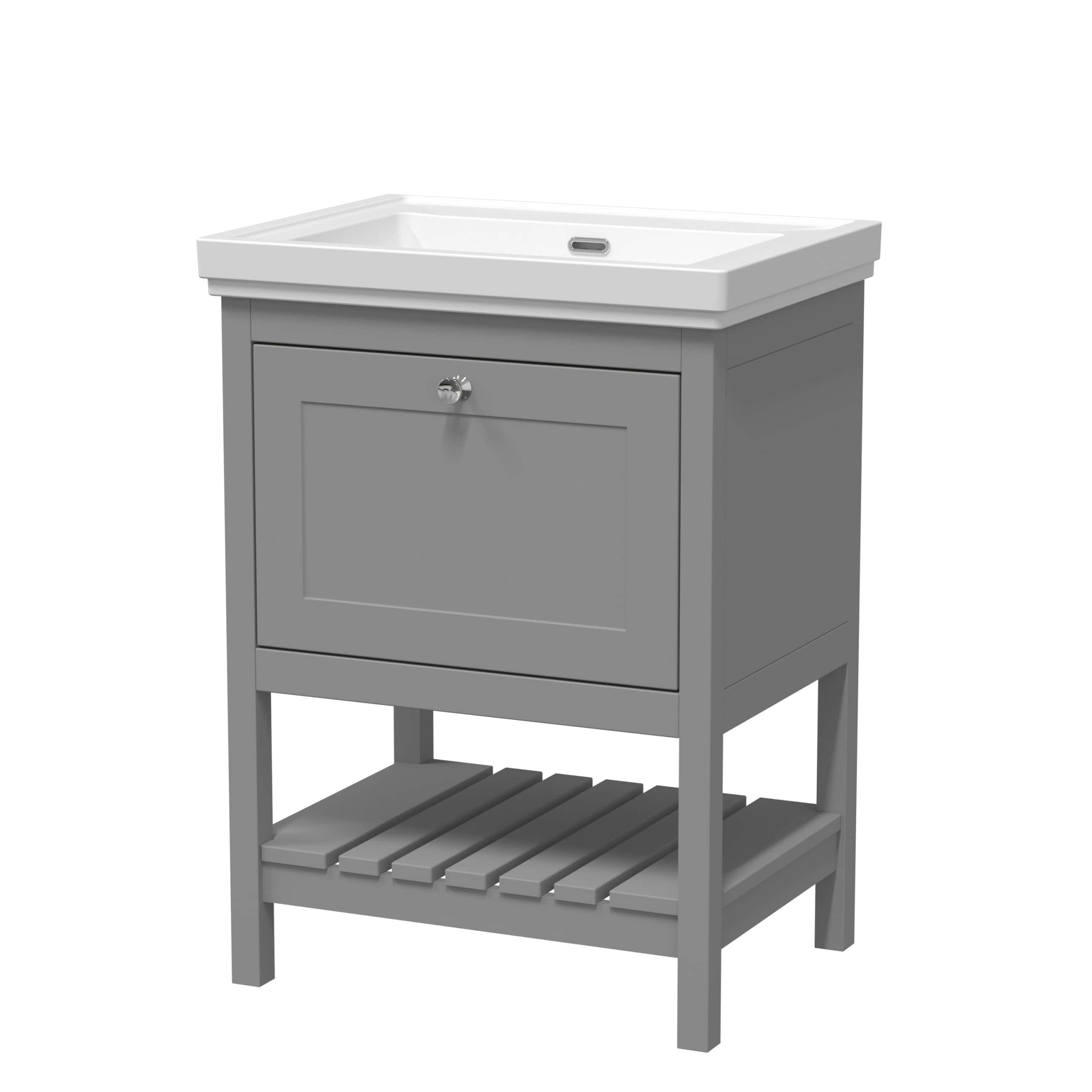 White bathroom vanity unit with storage cabinet and slatted shelf, ideal for modern bathroom storage solutions. Features a sleek design with a practical top surface for bathroom essentials.