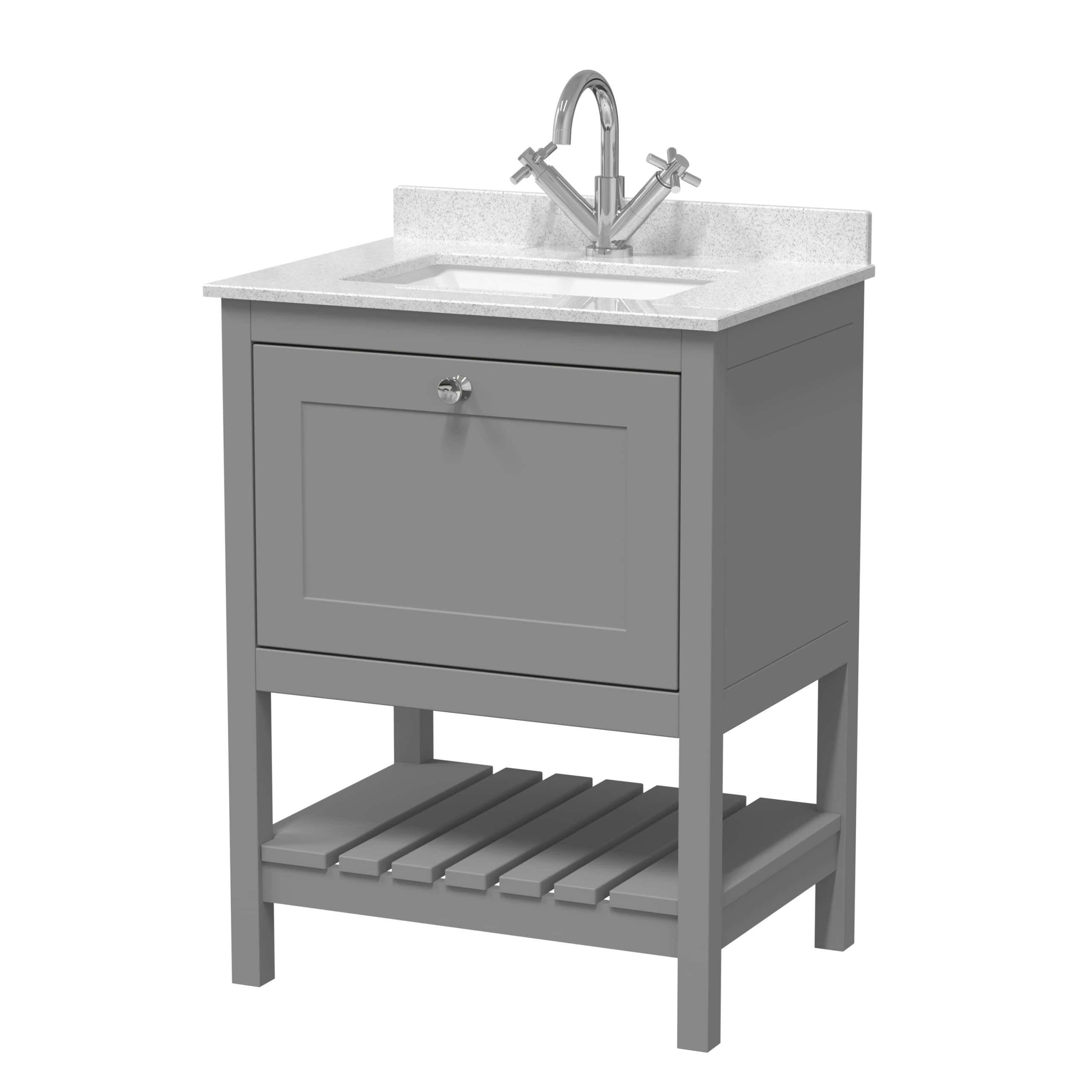 Modern grey bathroom vanity with a white countertop, stainless steel tap, and storage cabinet, ideal for stylish bathroom renovations.