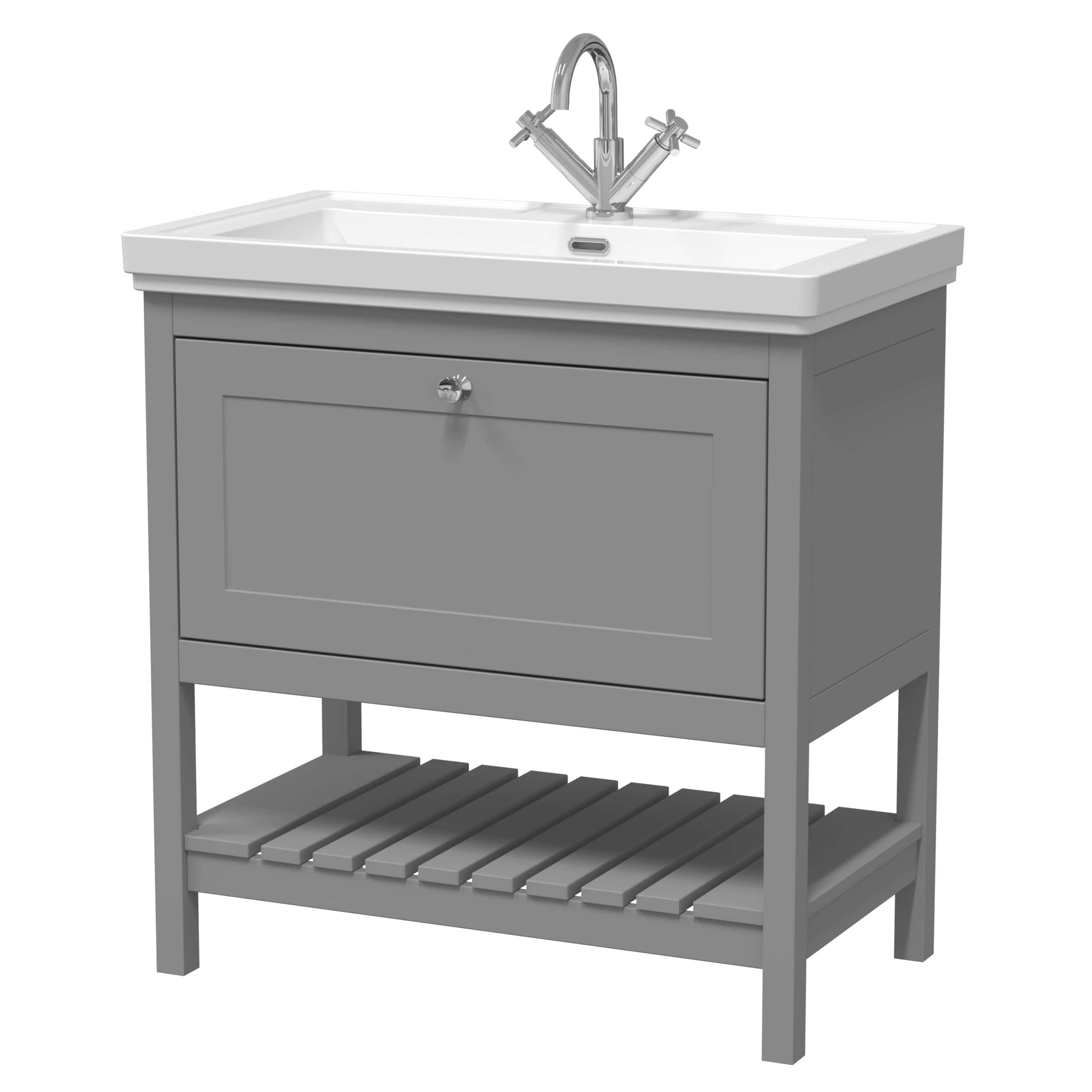 Bathroom sink unit with storage cabinet and slatted shelf in grey finish, featuring a modern design ideal for contemporary bathrooms. Durable ceramic sink with chrome faucet and double taps for practical use.