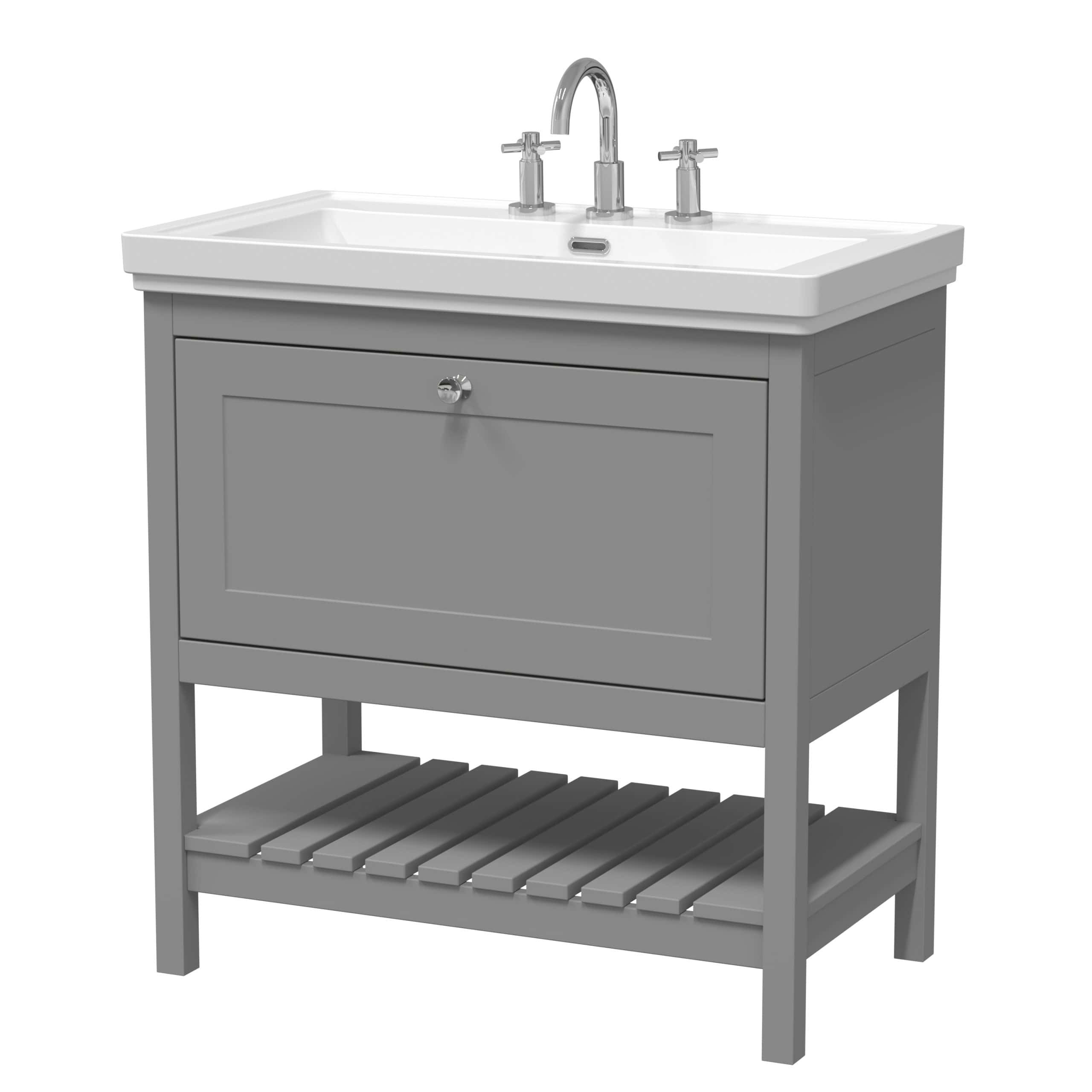 White bathroom vanity with a stainless steel tap and storage shelf, ideal for modern and functional bathroom design. Perfect for bathroom renovation projects and storage solutions.