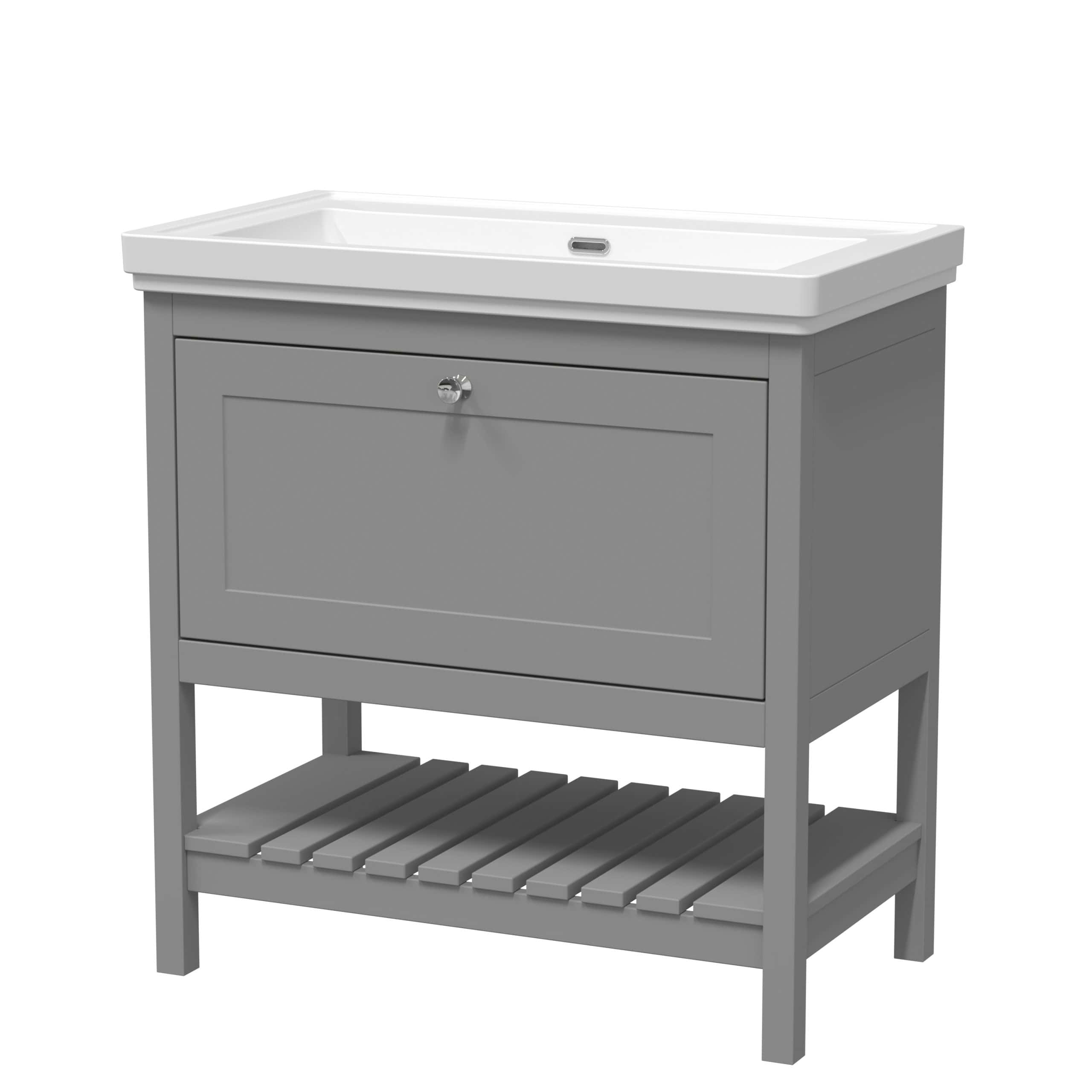 Modern grey bathroom vanity with ceramic sink and storage cabinet, ideal for contemporary bathroom designs and space-saving solutions.