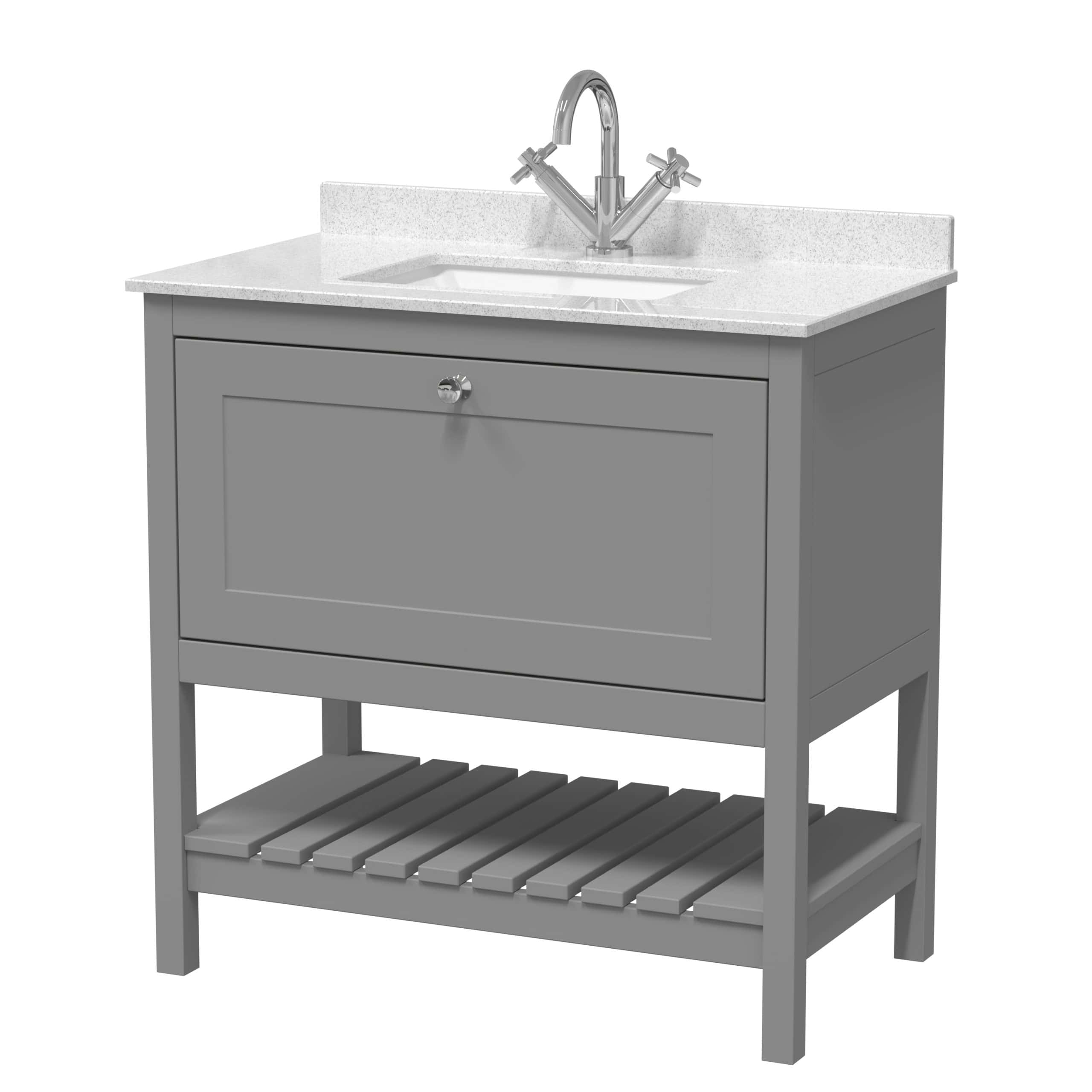 Shower sink vanity unit with grey cabinetry, single basin, and chrome tap, ideal for modern bathrooms. Featuring a wooden lower shelf for storage and sleek design from Bubly Bathrooms.