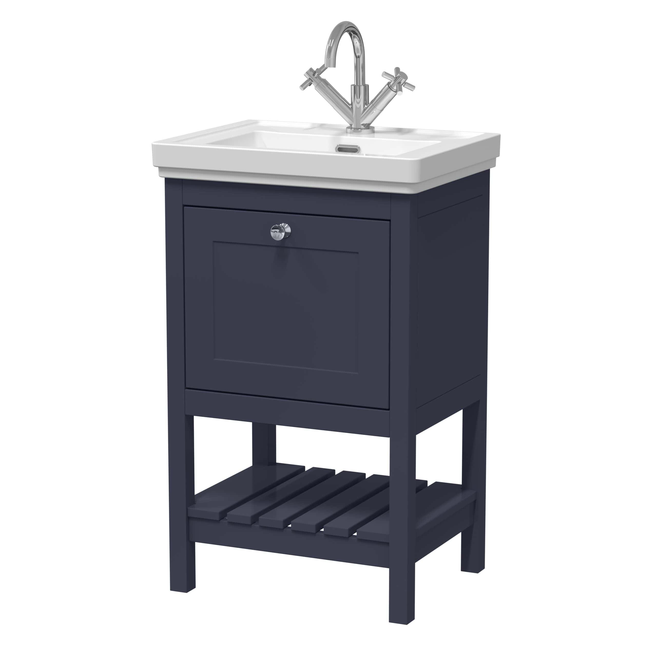 Stylish bathroom vanity with a ceramic sink, modern chrome tap, navy blue wooden cabinet, and a practical lower shelf for storage, perfect for contemporary bathroom design.