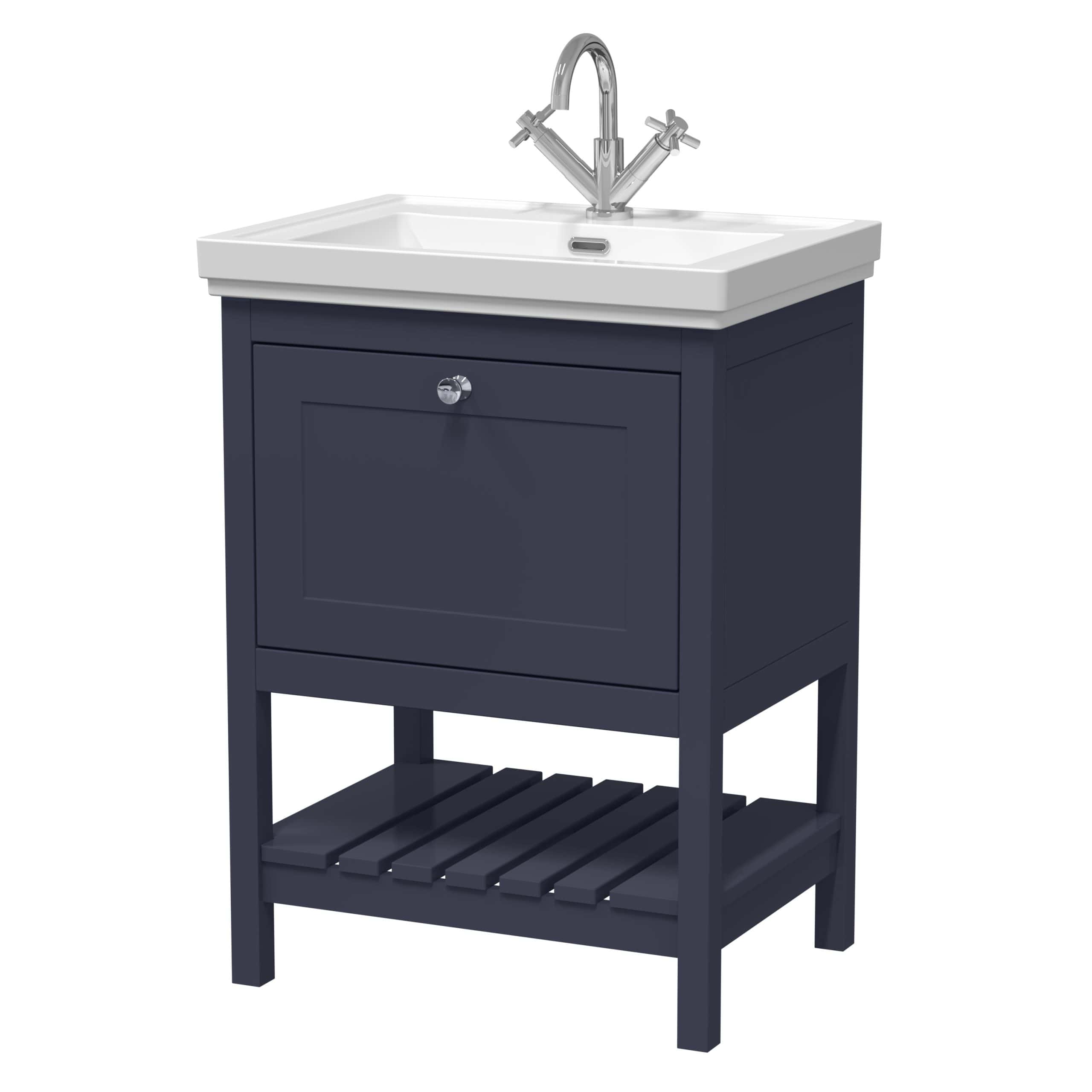 Contemporary bathroom vanity with a white ceramic sink and chrome faucet, navy blue cabinet with storage and slatted shelf, perfect for stylish bathroom storage solutions.