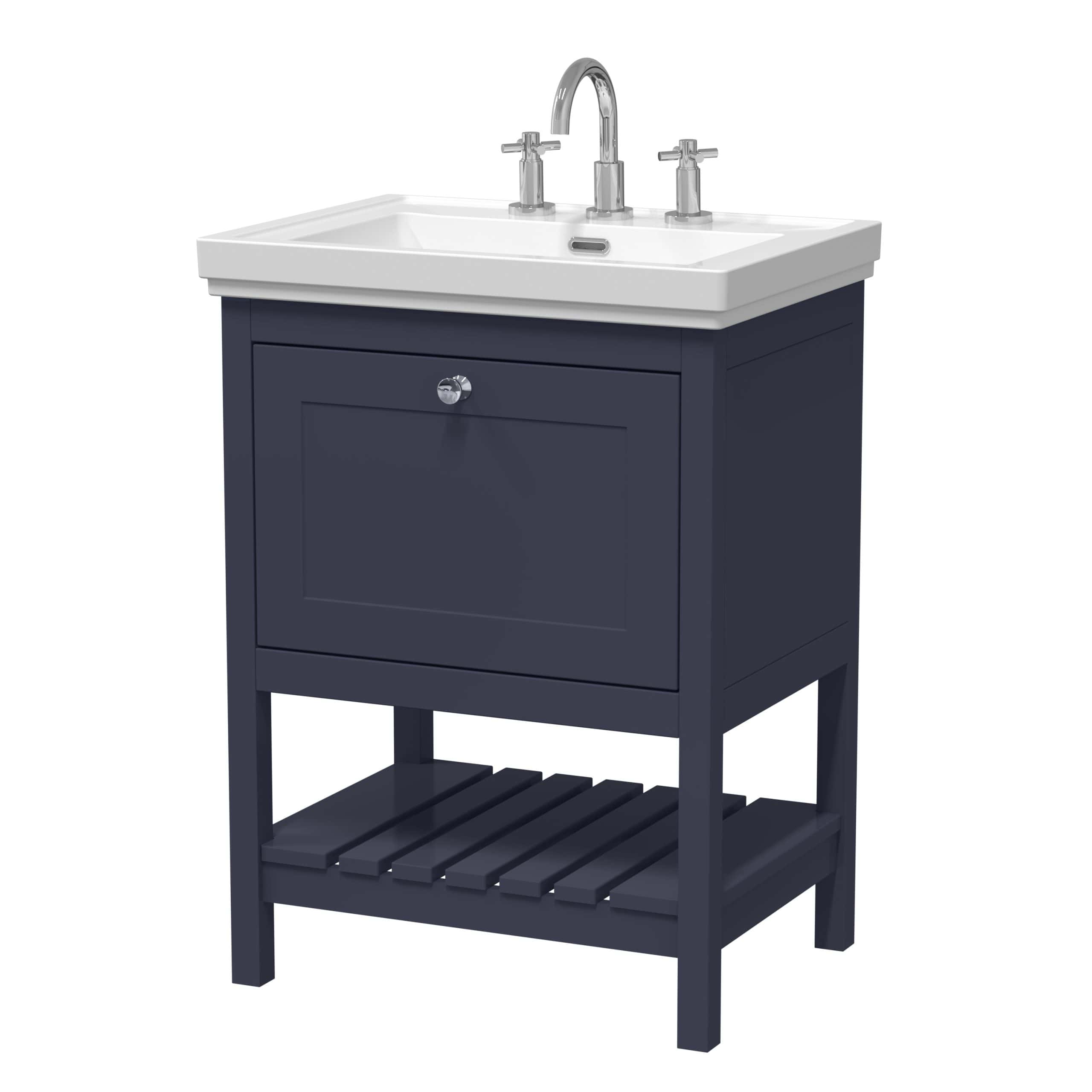 Enhanced bathroom vanity with stylish navy blue cabinet, white ceramic sink, and chrome fixtures, ideal for modern bathroom designs. Perfect for creating a sleek, functional space.