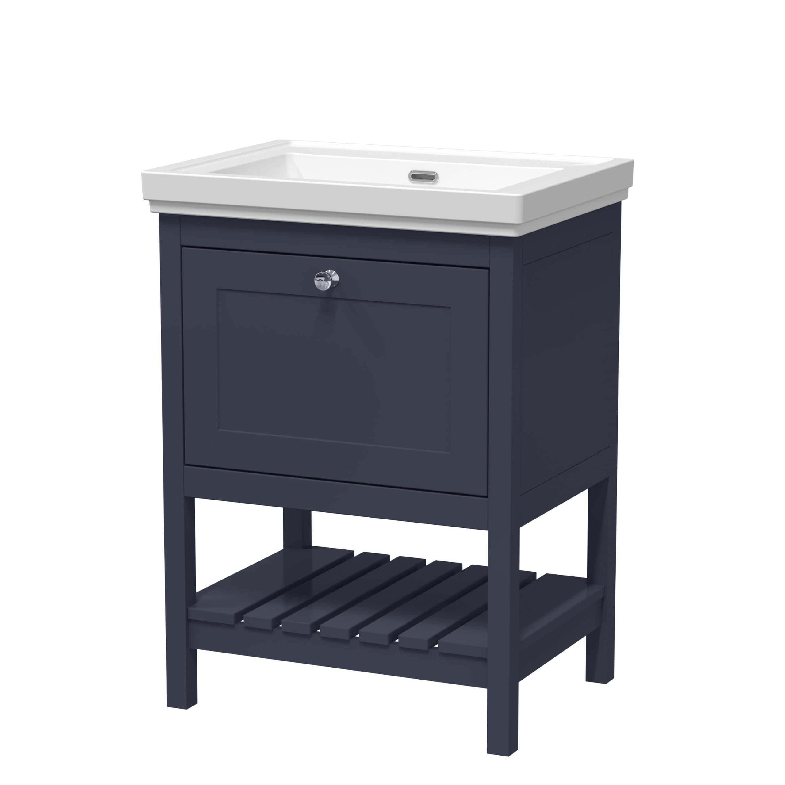 Polished navy bathroom vanity with integrated white ceramic sink and storage cabinet, ideal for modern bathroom decor. Featuring a lower slatted shelf for additional organisation.