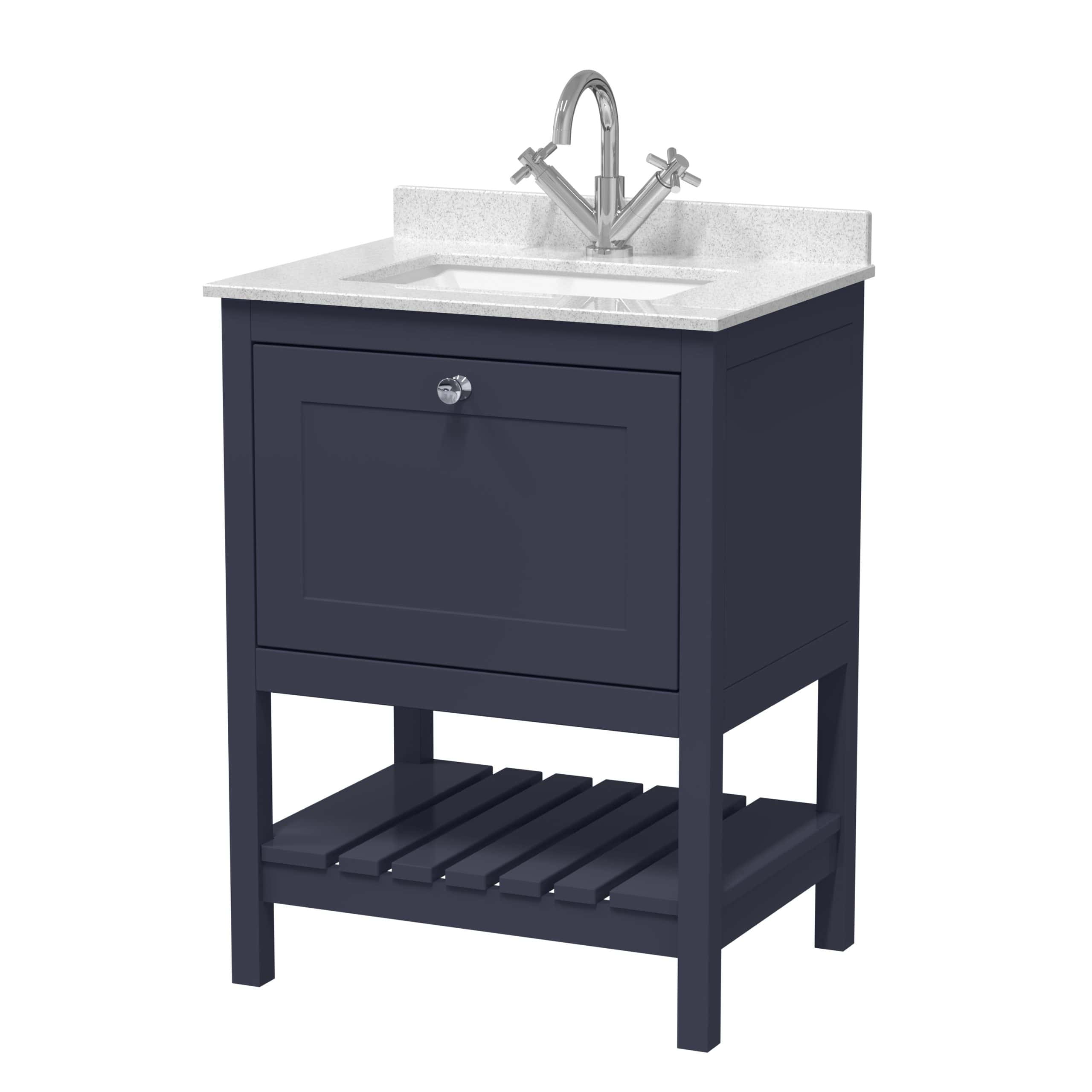 Modern bathroom vanity with navy blue cabinetry, a white solid surface countertop, and a chrome faucet, ideal for contemporary Bubly bathroom designs.