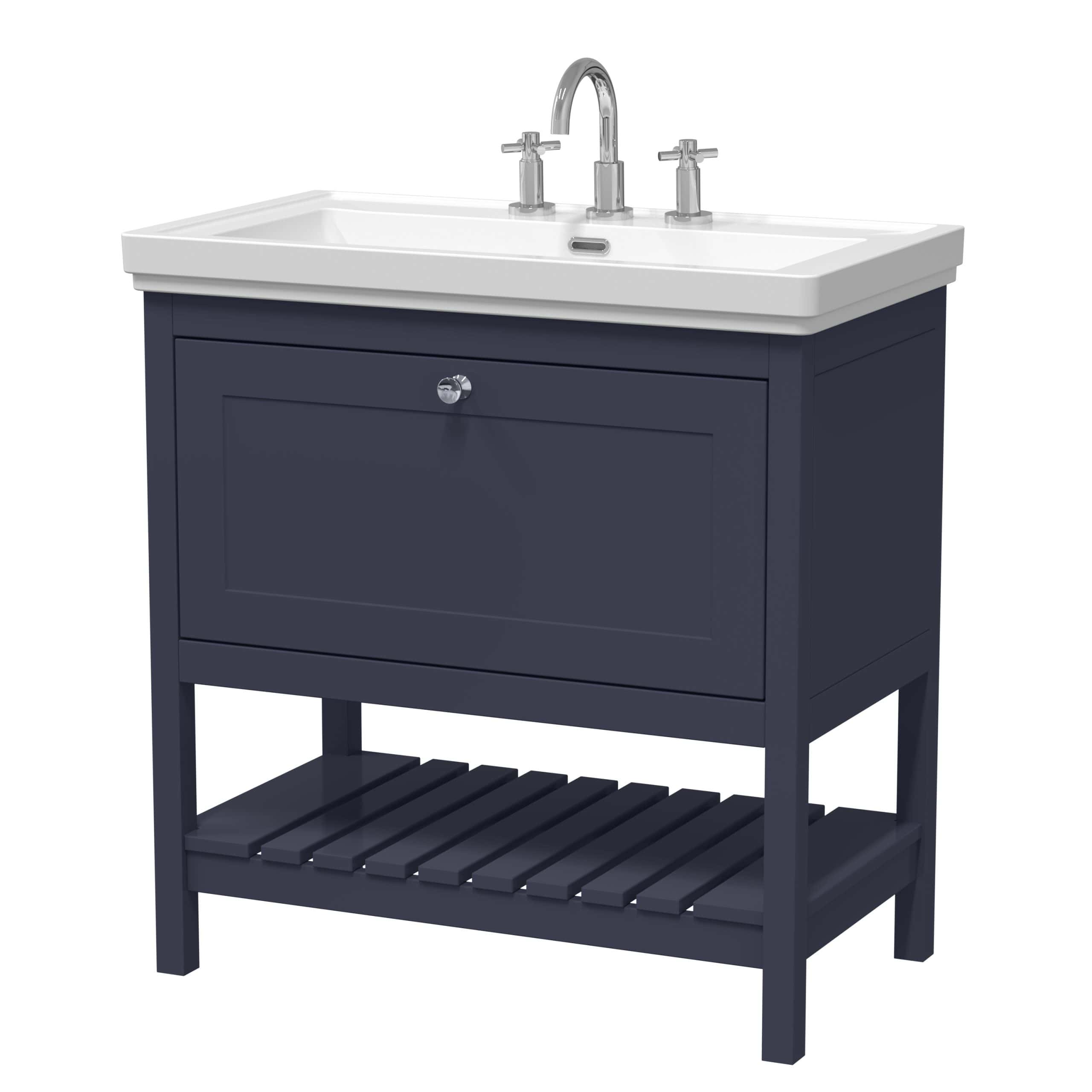 Ceramic bathroom vanity with sink and storage cabinet, navy blue wooden bathroom furniture, styled for modern bathroom decor and plumbing fixtures, suitable for contemporary bathroom design.