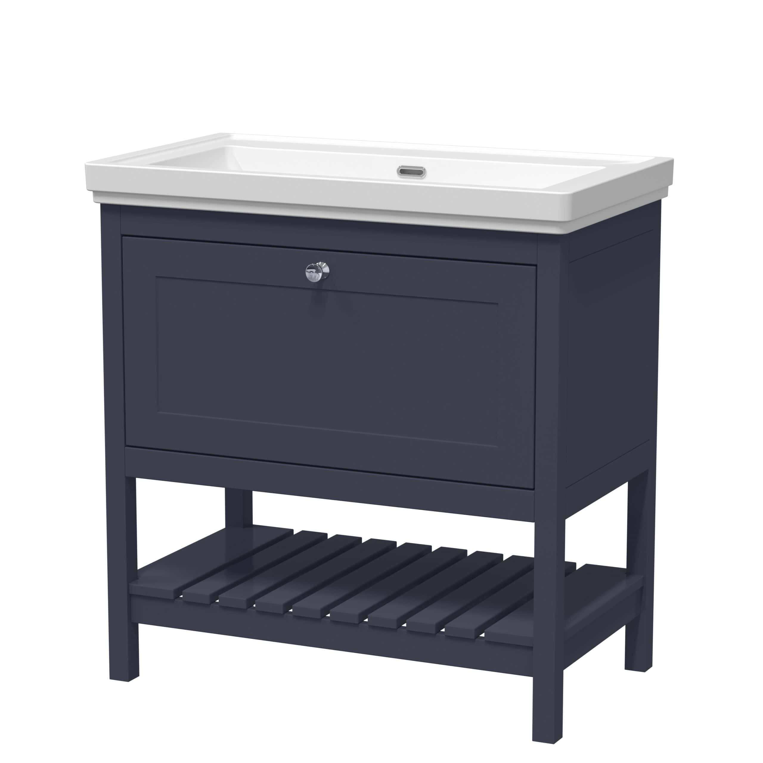 Modern bathroom vanity unit with a white ceramic sink, navy blue finish, storage drawer, and slatted lower shelf, ideal for stylish and functional bathroom storage solutions.